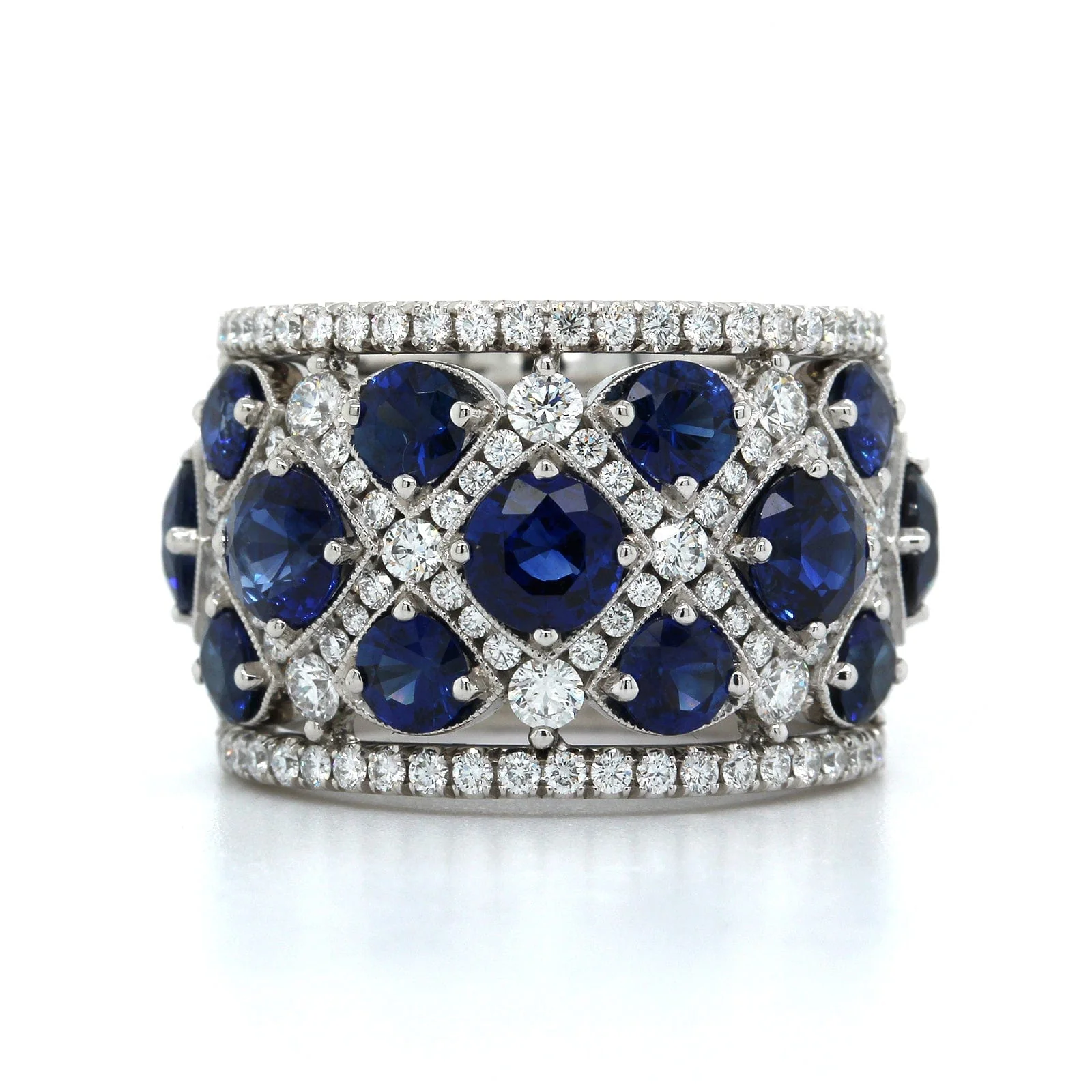 Platinum Multi Row Sapphire Diamond Wide Band