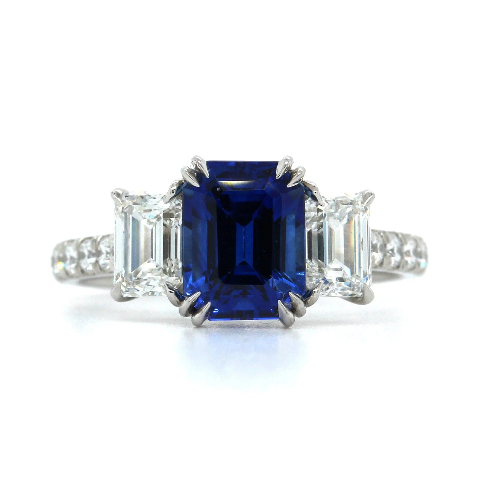 Platinum Emerald Cut Sapphire and Diamond 3 Stone Ring