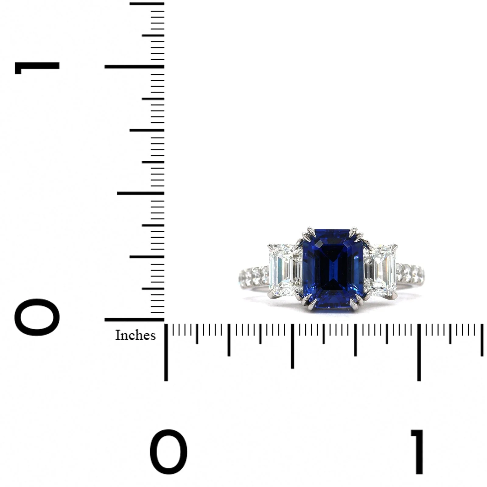Platinum Emerald Cut Sapphire and Diamond 3 Stone Ring - Image 3