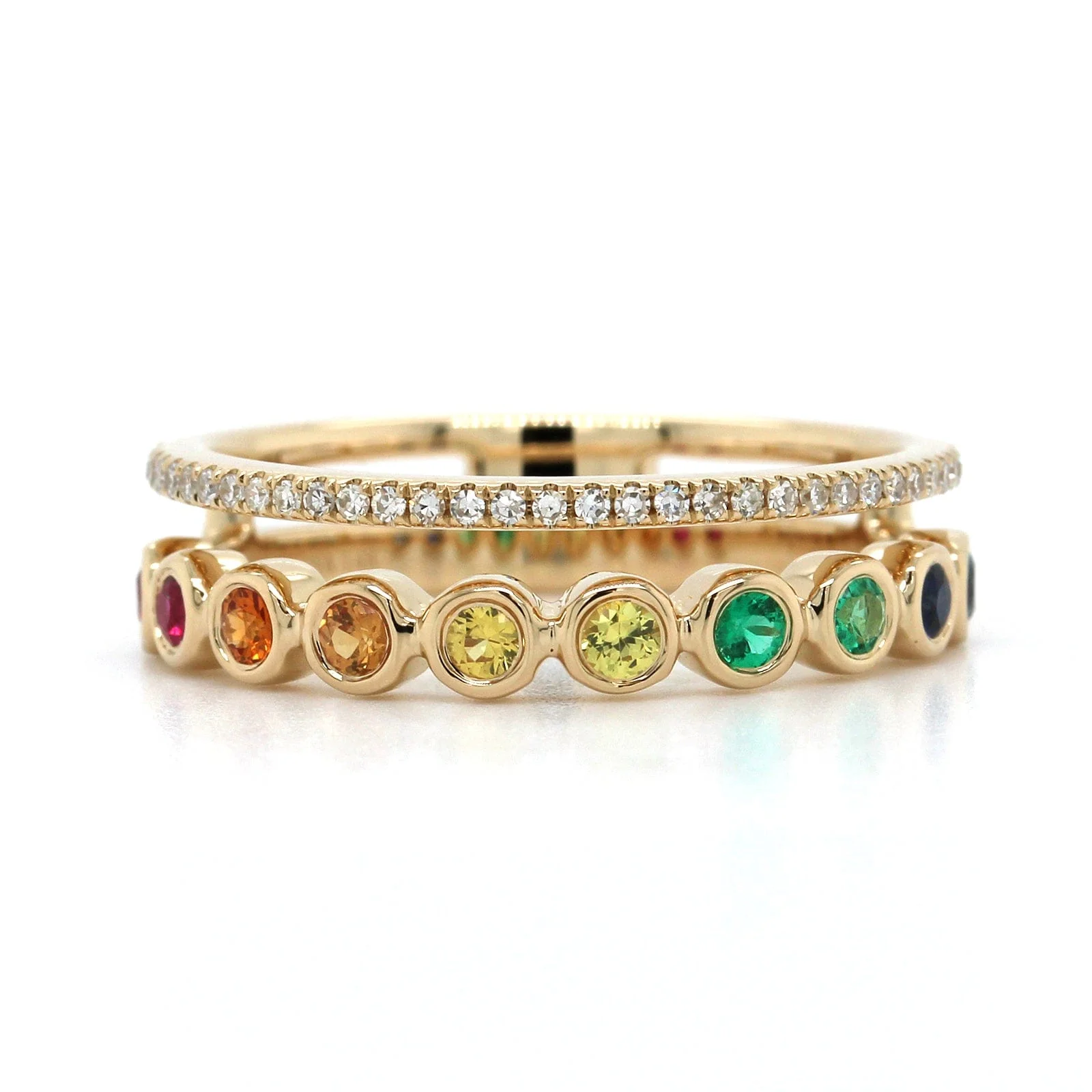 14K Yellow Gold Open 2 Row Rainbow Sapphire Diamond Ring