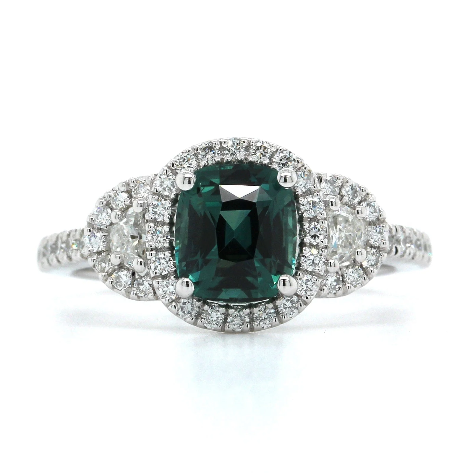 Platinum Cushion Teal Sapphire Diamond Halo Ring