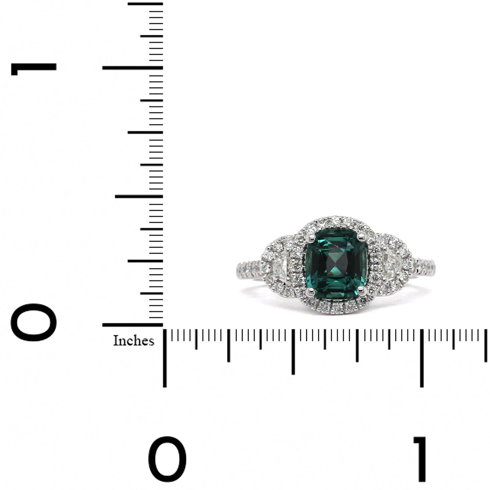 Platinum Cushion Teal Sapphire Diamond Halo Ring - Image 3