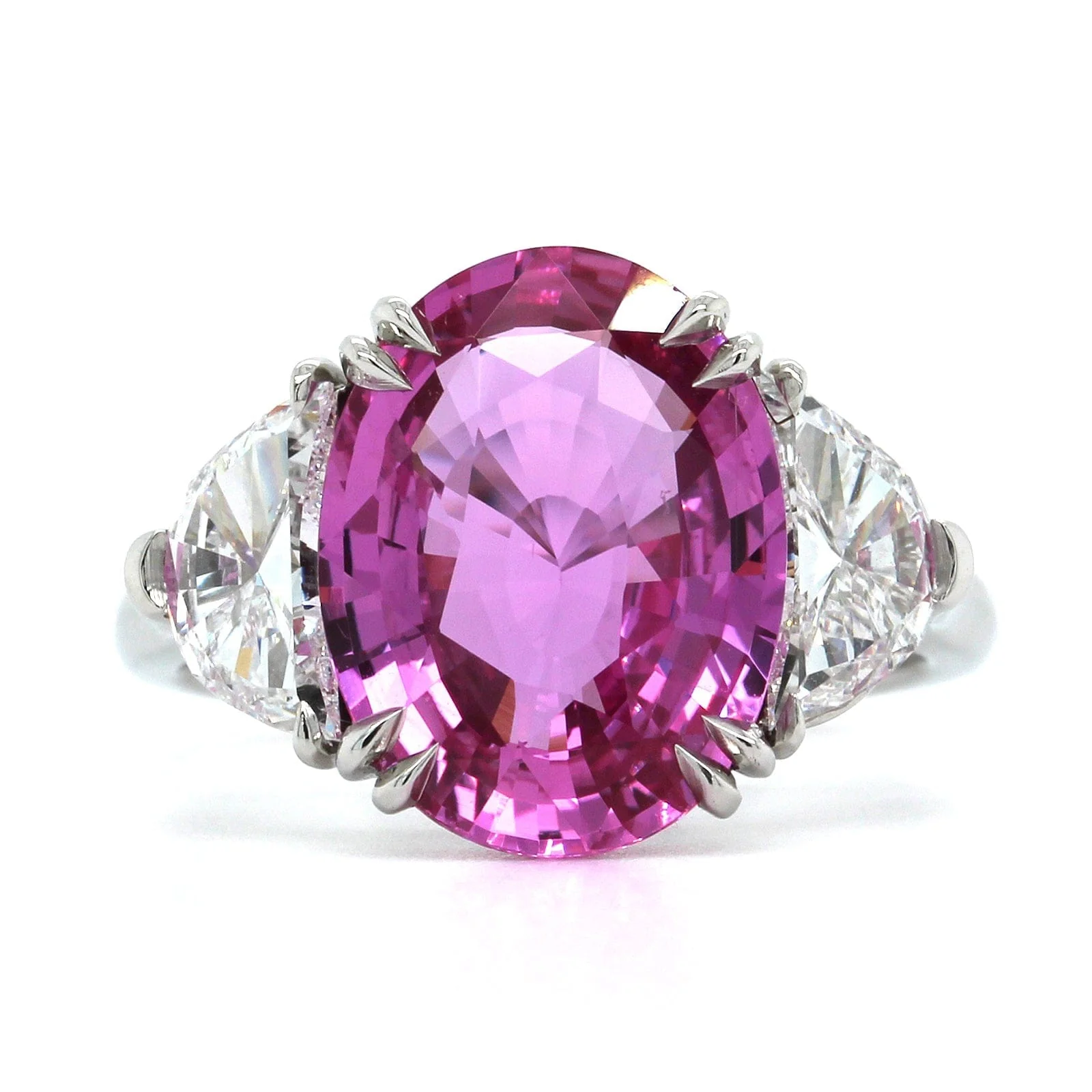 Platinum Oval Pink Sapphire and Diamond 3 Stone Ring
