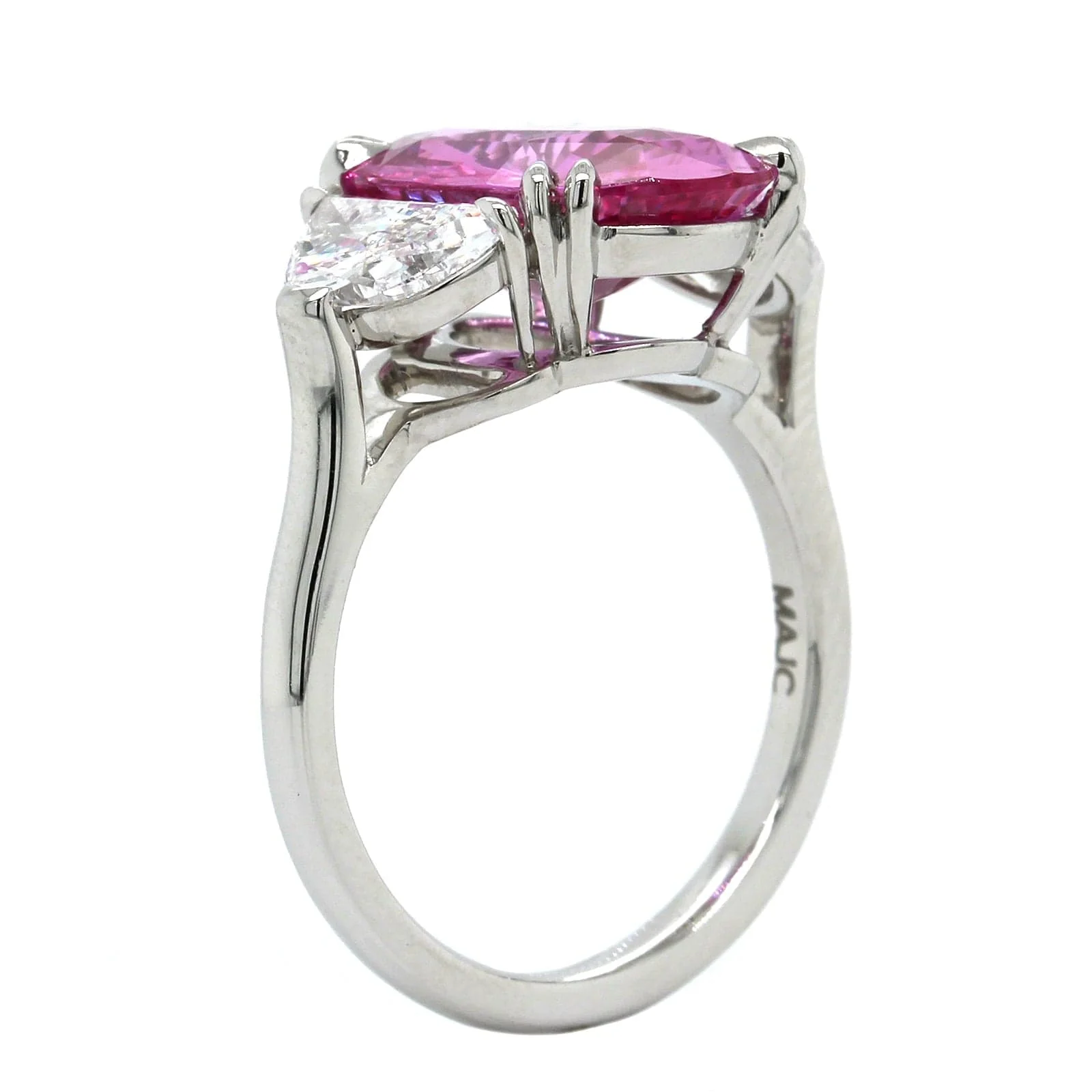 Platinum Oval Pink Sapphire and Diamond 3 Stone Ring - Image 2
