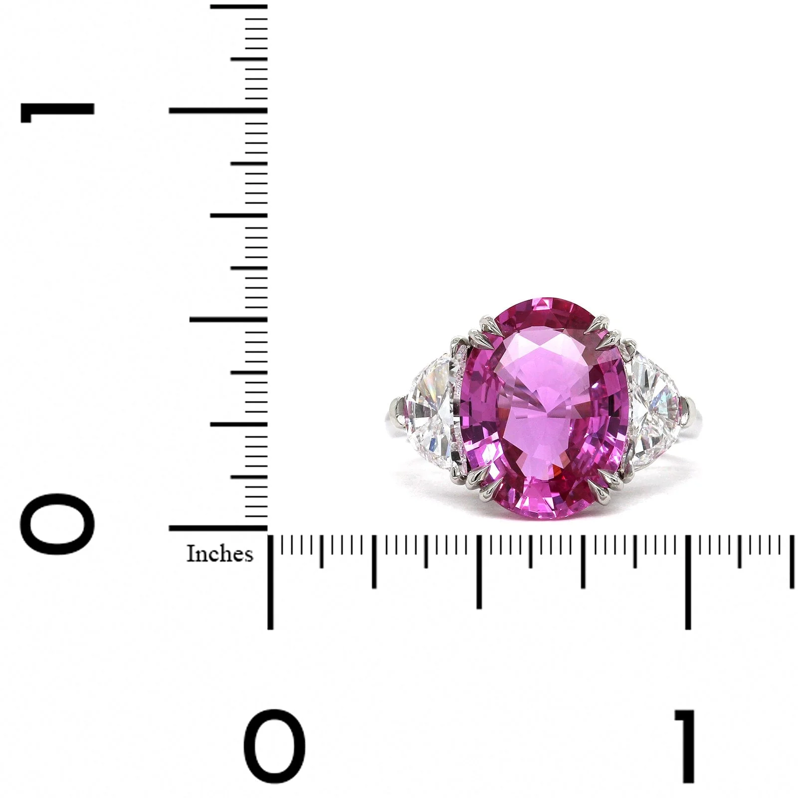 Platinum Oval Pink Sapphire and Diamond 3 Stone Ring - Image 3