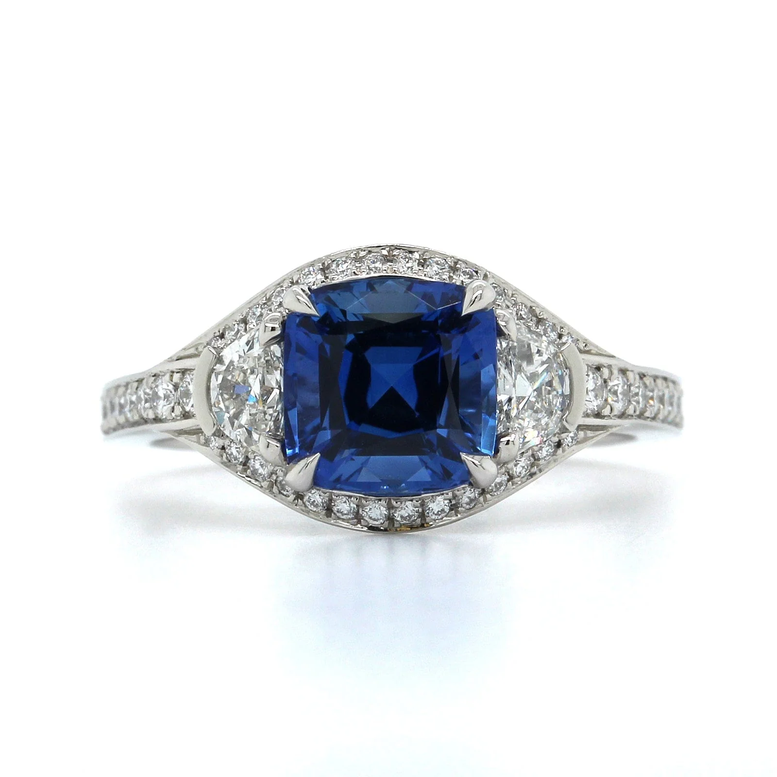 Platinum Cushion Sapphire Diamond 3 Stone Ring - Image 4
