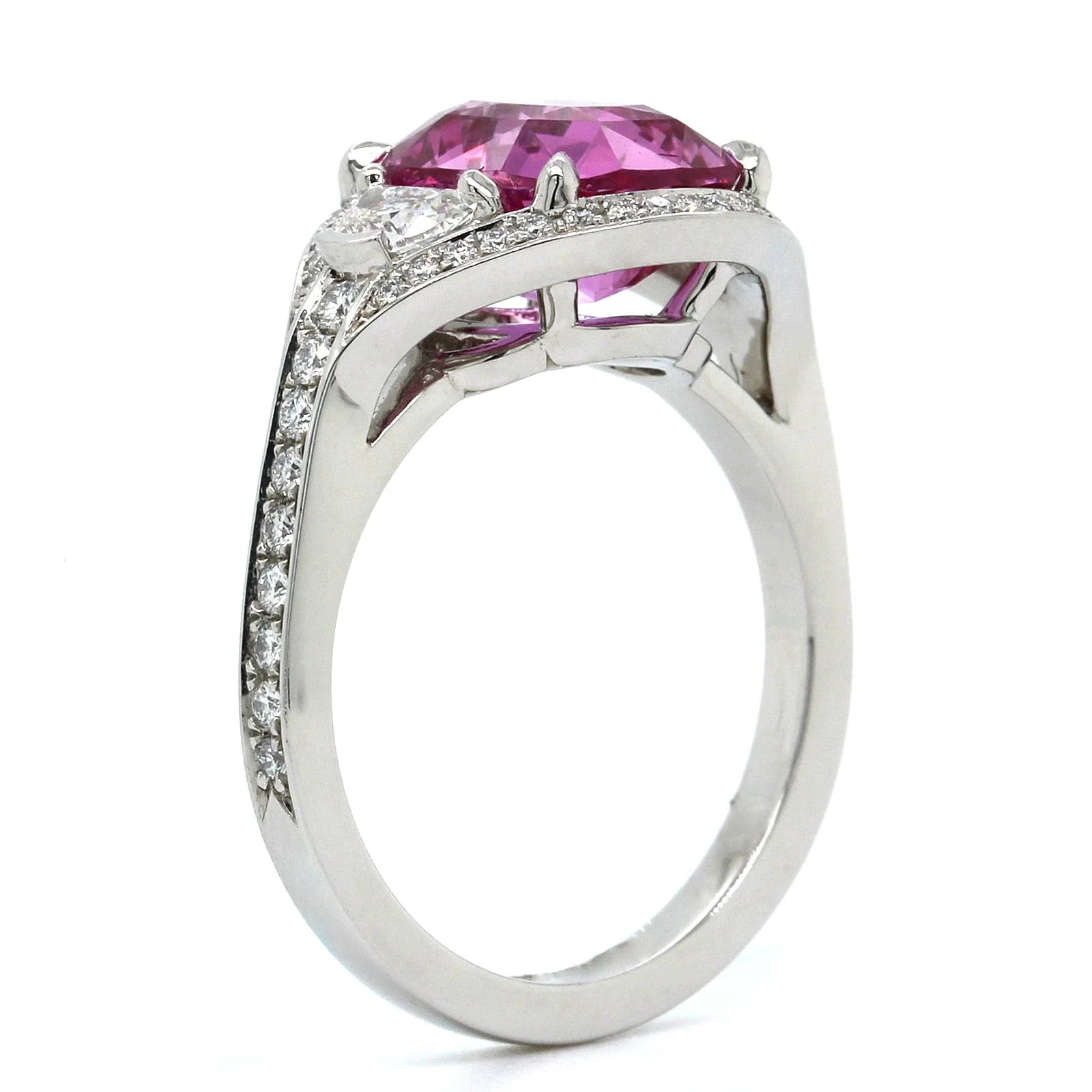 Platinum Cushion Pink Sapphire Diamond 3 Stone Ring - Image 2