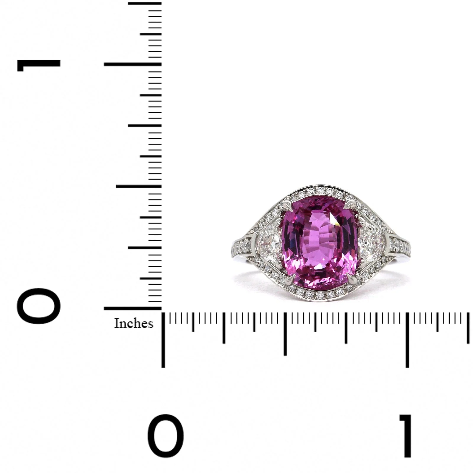 Platinum Cushion Pink Sapphire Diamond 3 Stone Ring - Image 3