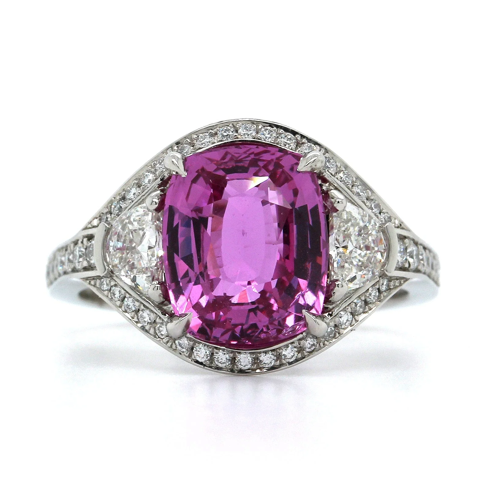 Platinum Cushion Pink Sapphire Diamond 3 Stone Ring - Image 4