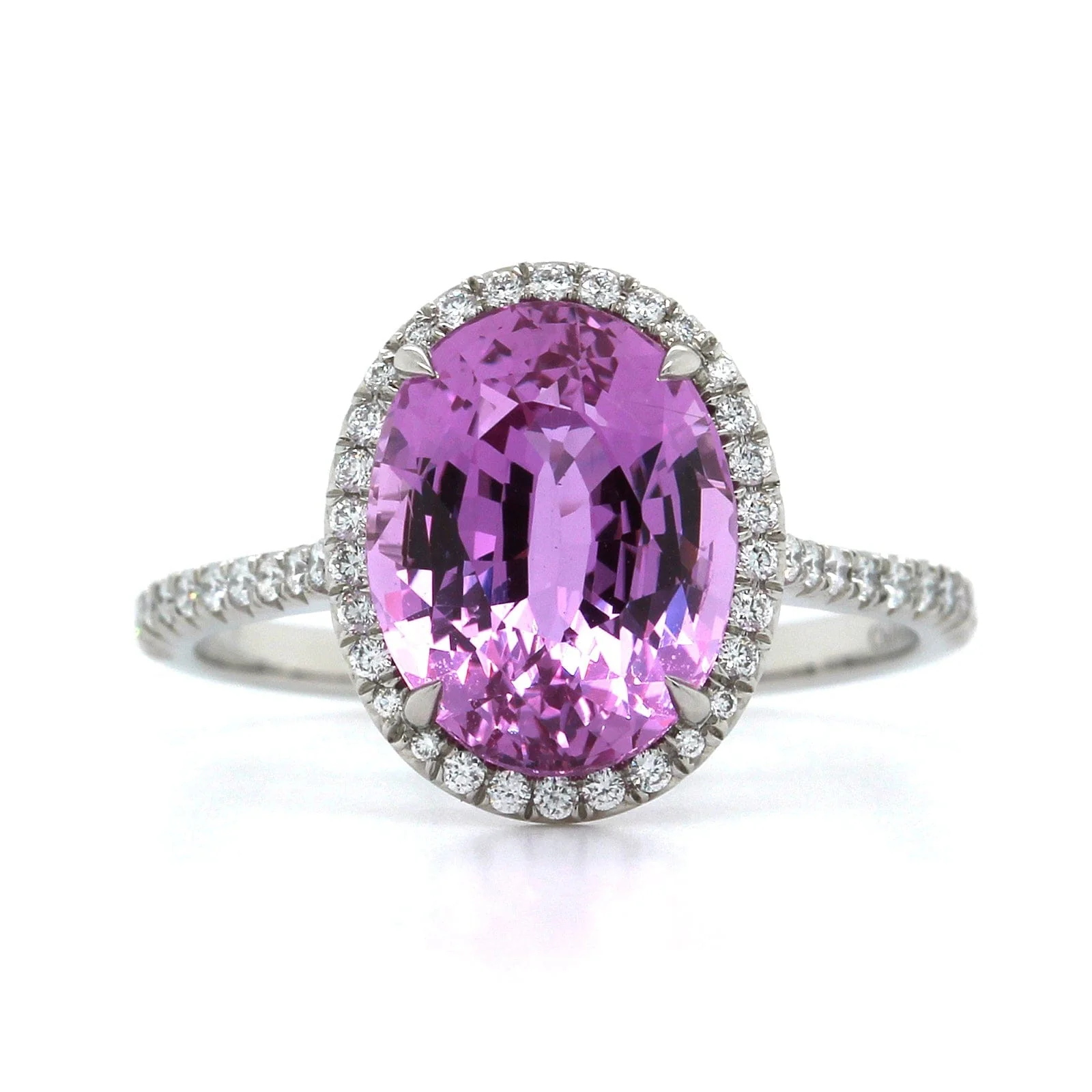 Platinum Oval Pink Sapphire Diamond Halo Ring