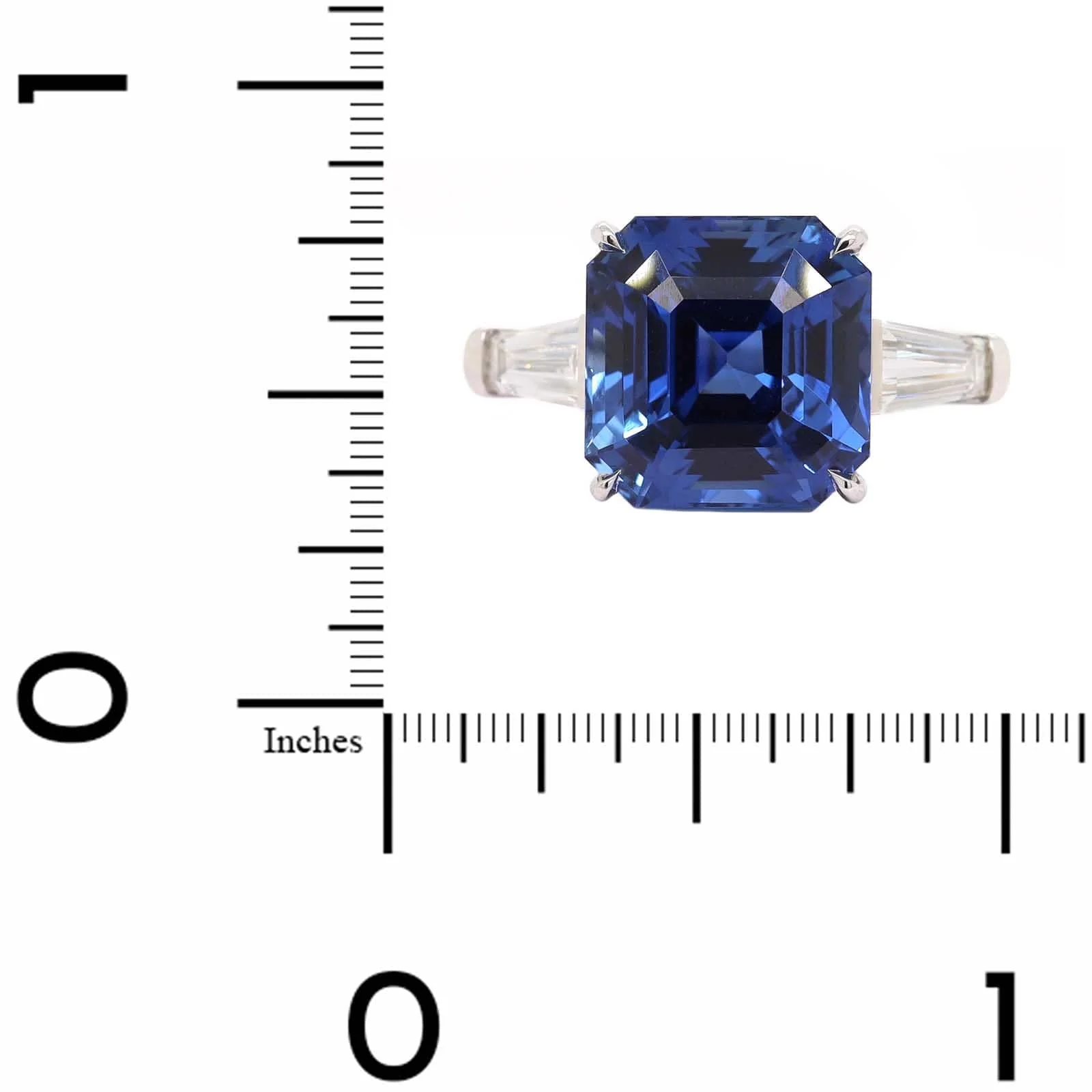 Platinum Octagonal Cut Sapphire and Diamond 3 Stone Ring - Image 4