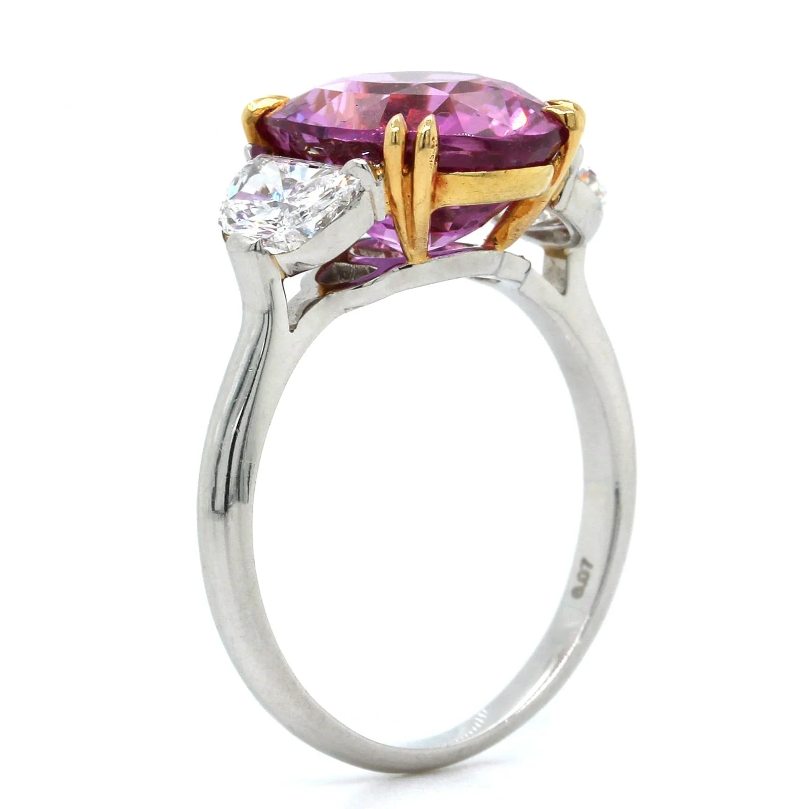 Platinum Oval Pink Sapphire and Diamond 3 Stone Ring - Image 2