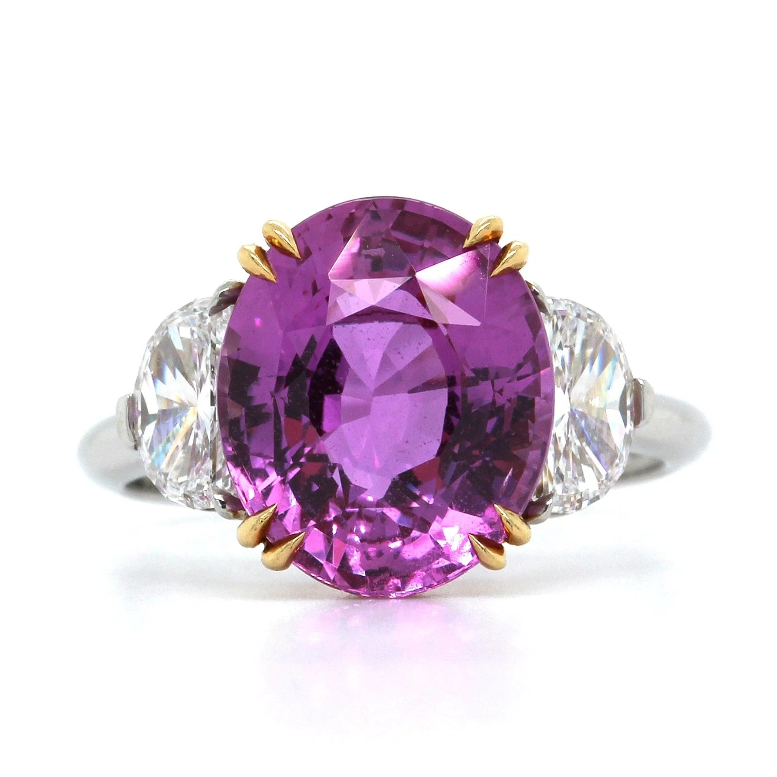 Platinum Oval Pink Sapphire and Diamond 3 Stone Ring - Image 4
