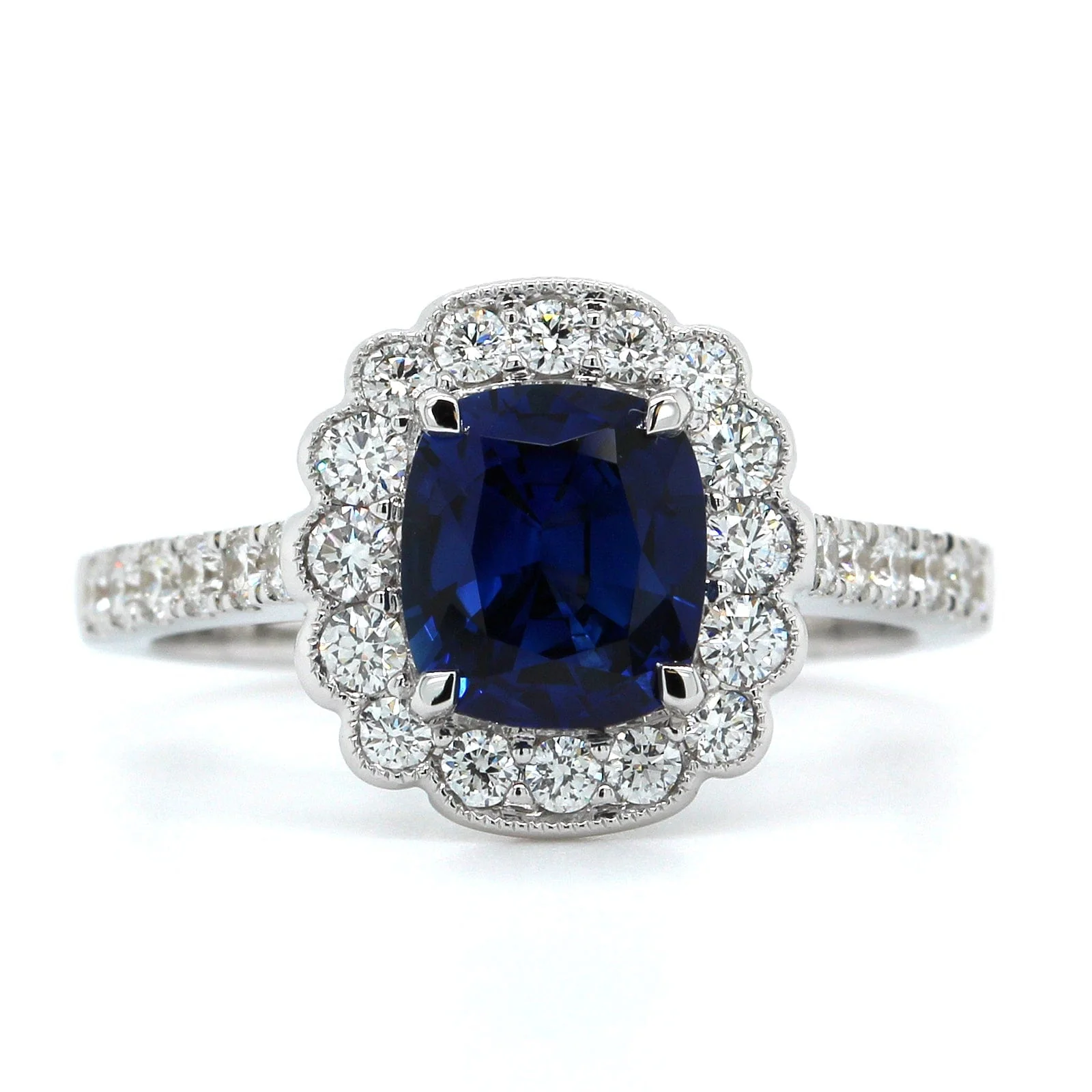 18K White Gold Cushion Sapphire Diamond Halo Ring