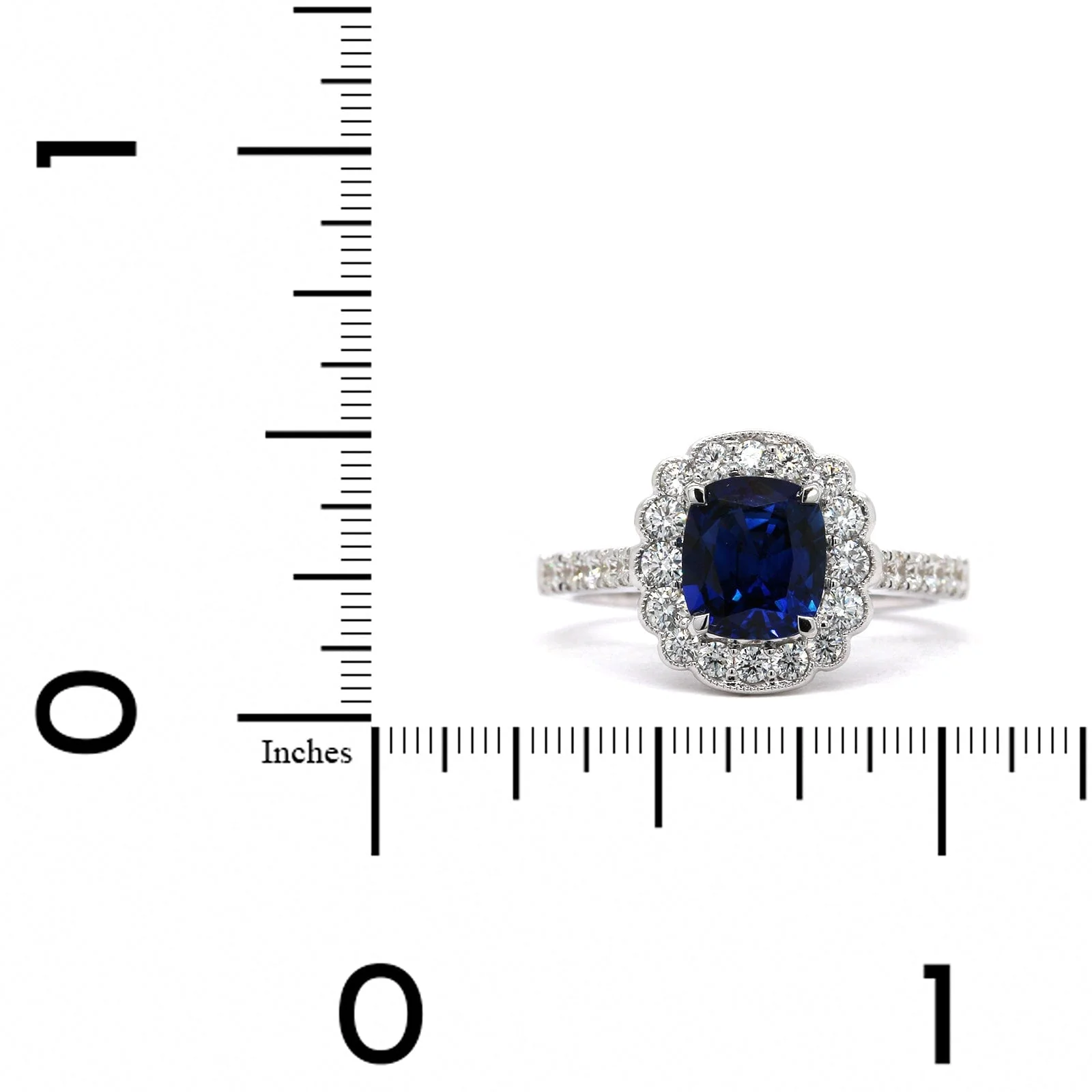 18K White Gold Cushion Sapphire Diamond Halo Ring - Image 3