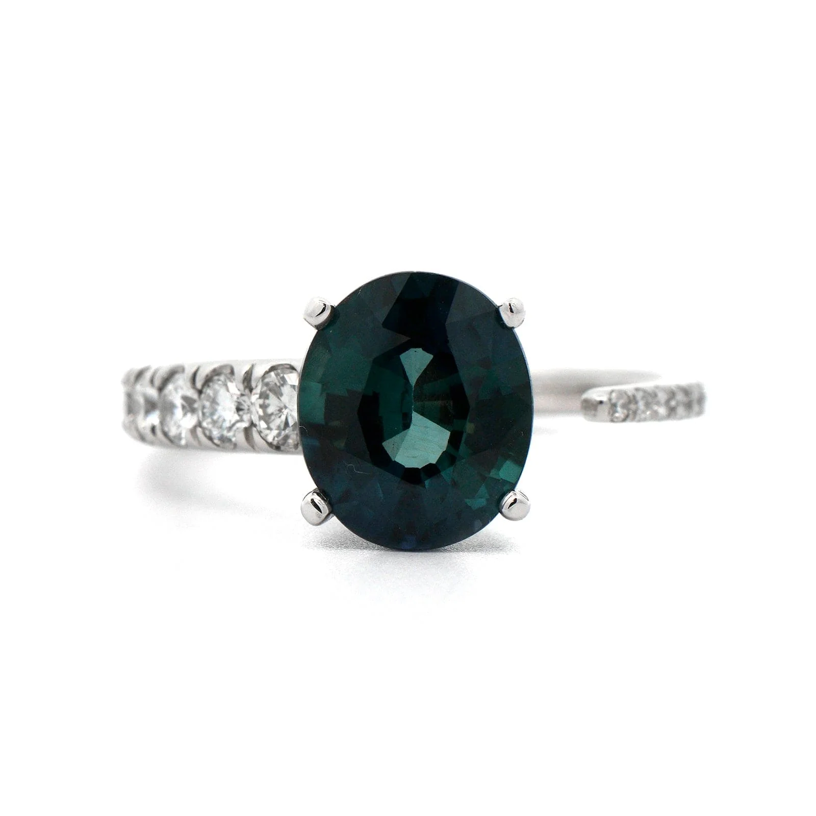 Platinum Oval Teal Sapphire and Diamond Ring - Image 4