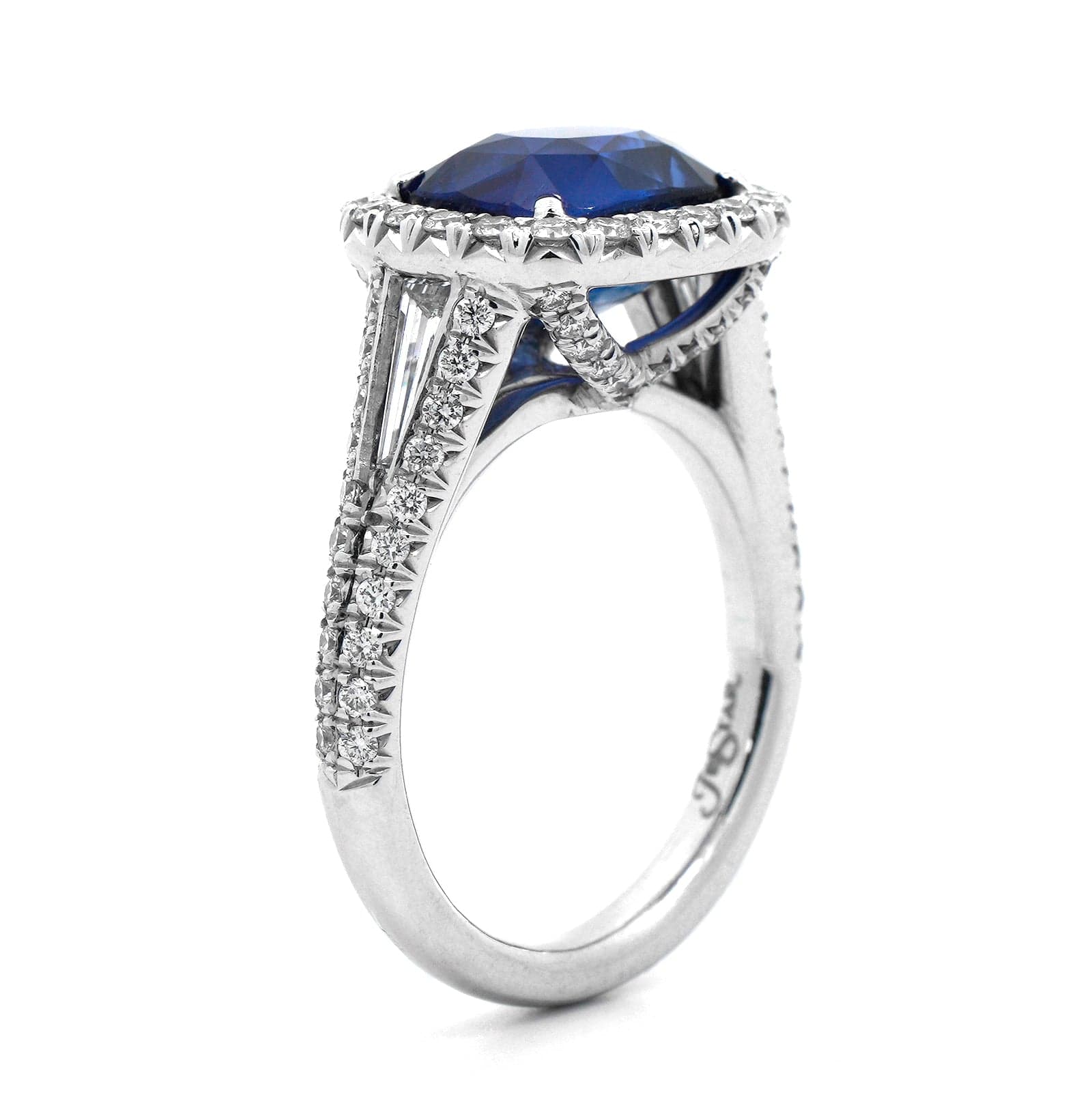 Platinum Cushion Cut Blue Sapphire and Diamond Ring - Image 2