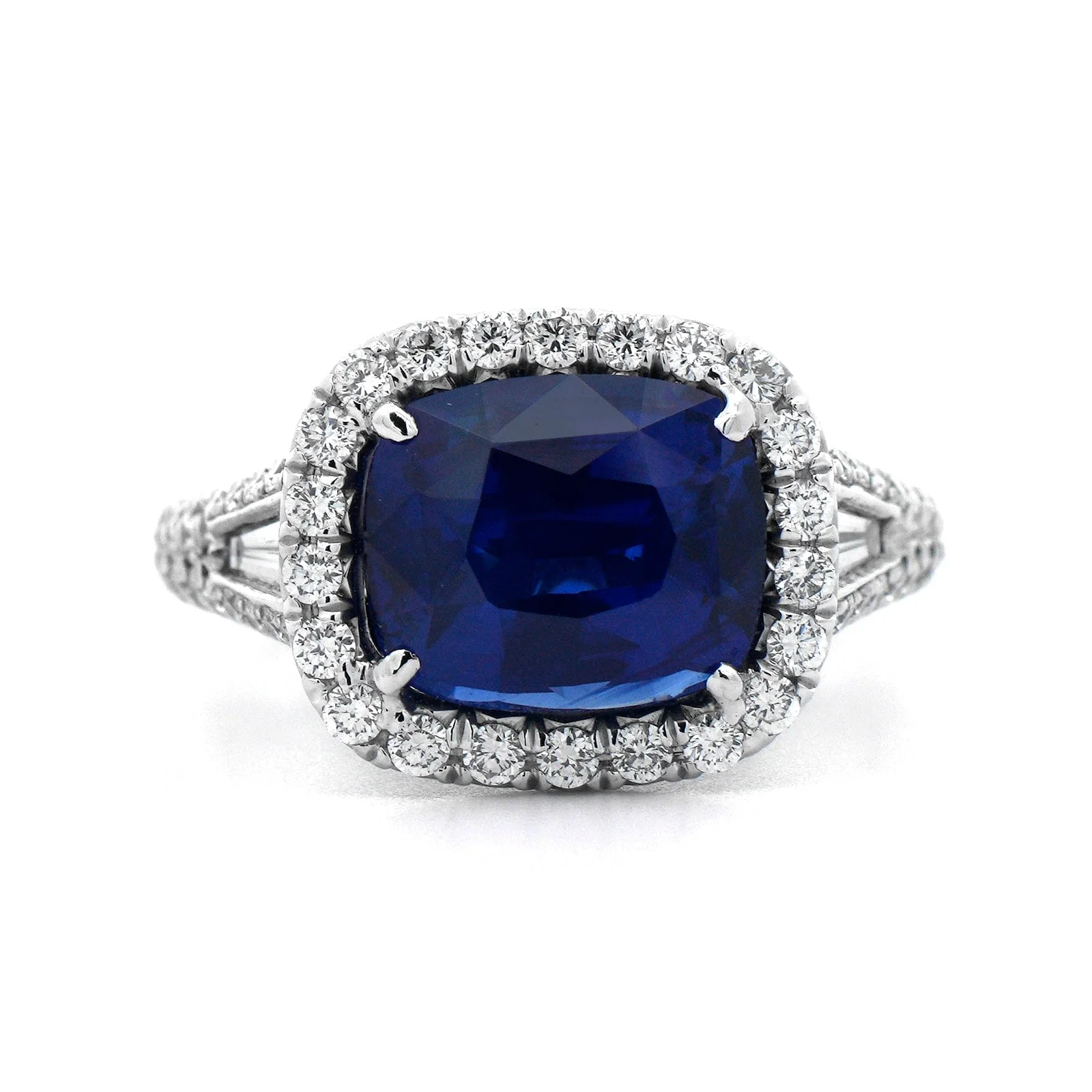 Platinum Cushion Cut Blue Sapphire and Diamond Ring - Image 4