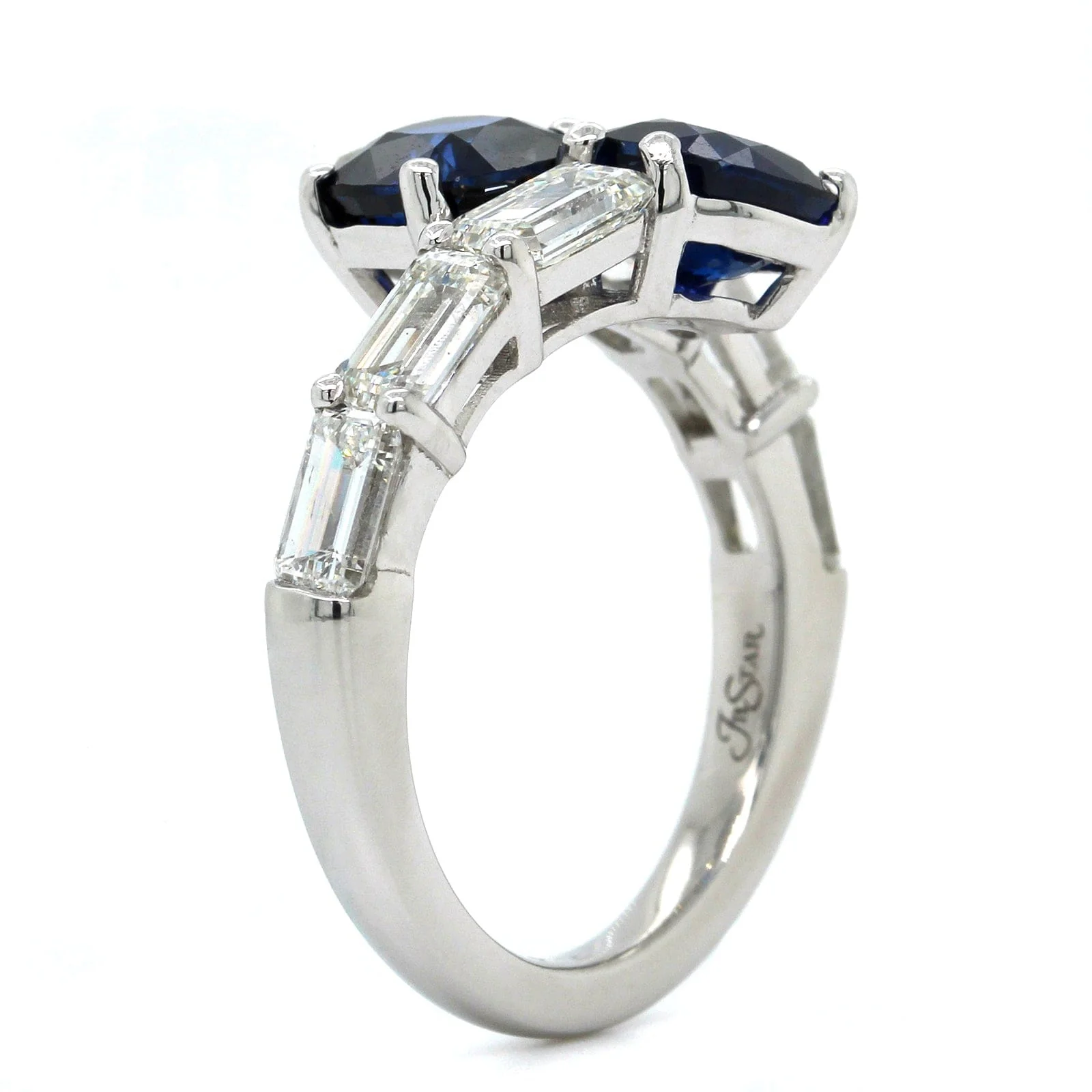 Platinum Bypass Sapphire with Baguette Diamond Ring - Image 2