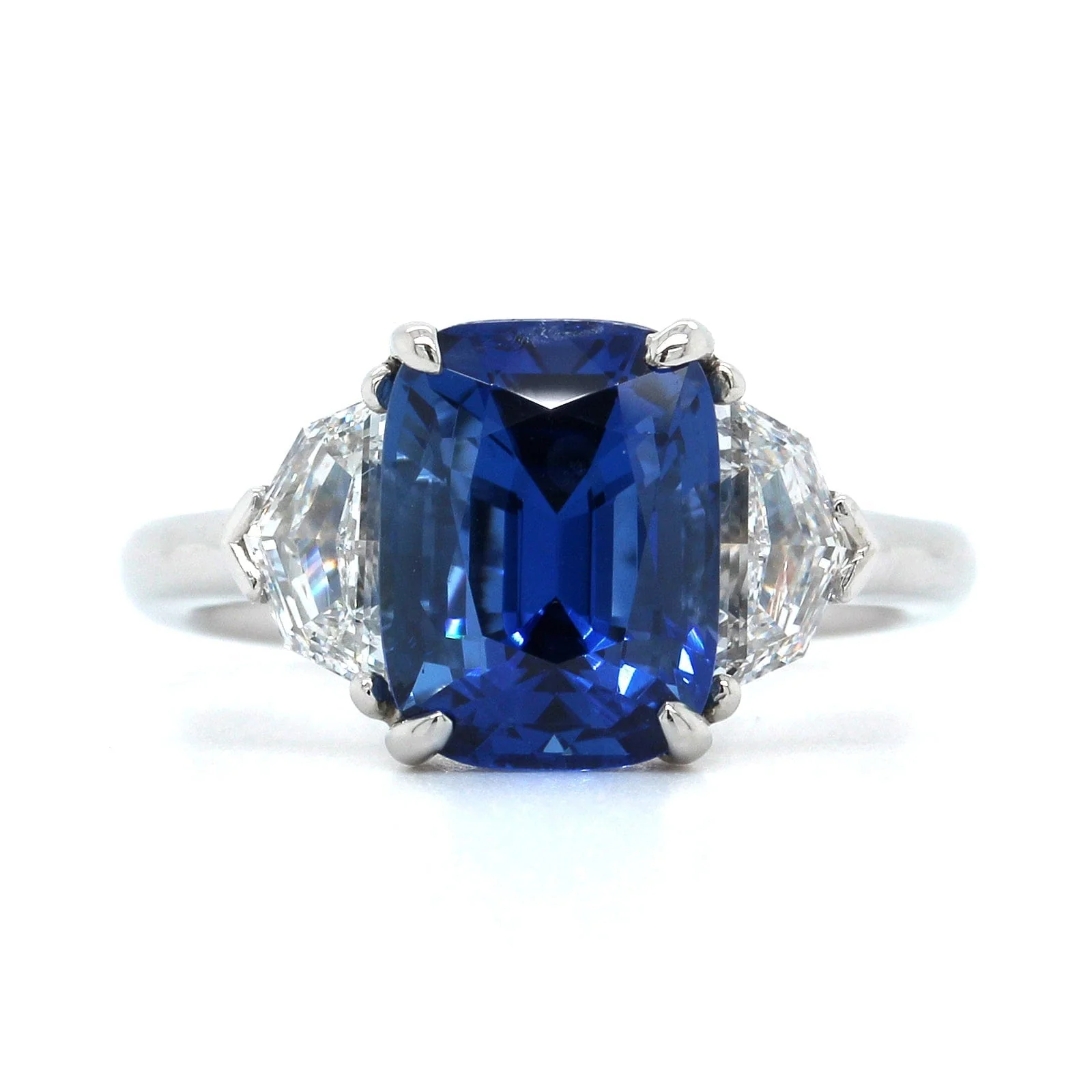 Platinum Cushion Cut Sapphire and Diamond 3 Stone Ring