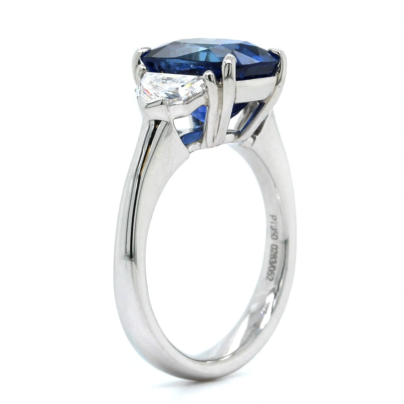 Platinum Cushion Cut Sapphire and Diamond 3 Stone Ring - Image 2