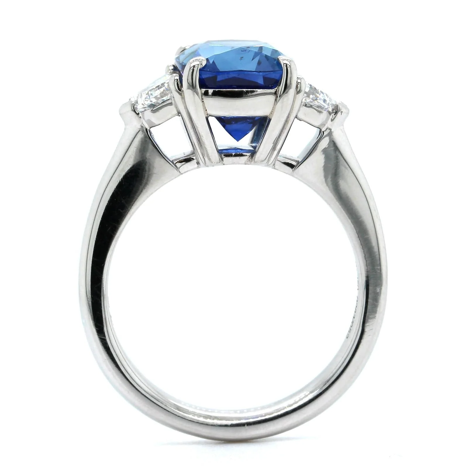 Platinum Cushion Cut Sapphire and Diamond 3 Stone Ring - Image 3