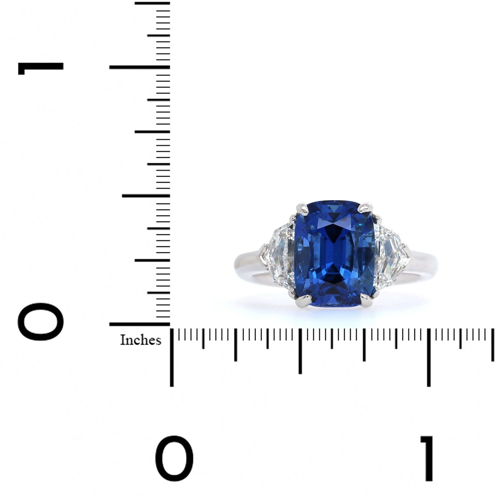 Platinum Cushion Cut Sapphire and Diamond 3 Stone Ring - Image 4