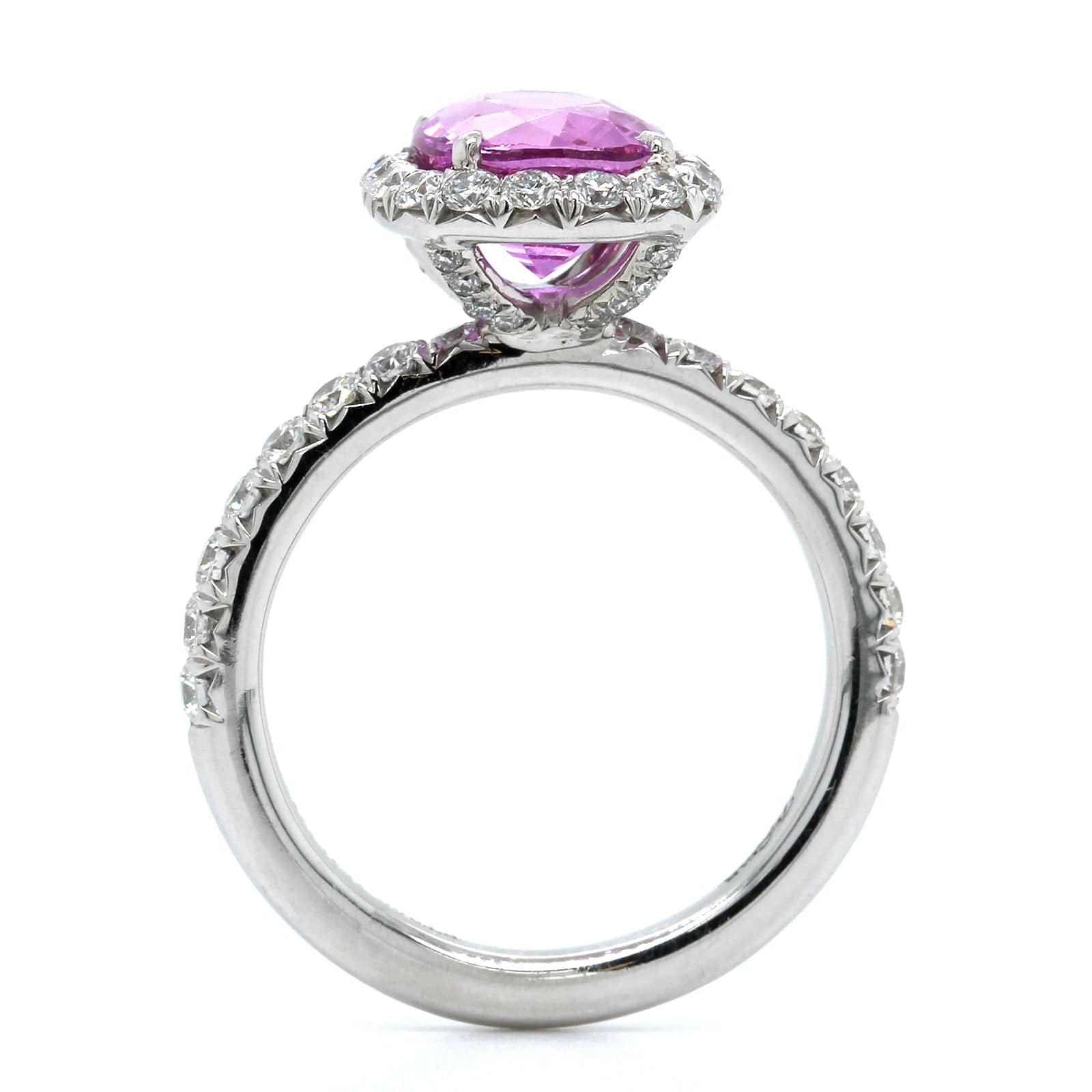 Platinum Oval Pink Sapphire and Diamond Halo Ring - Image 3