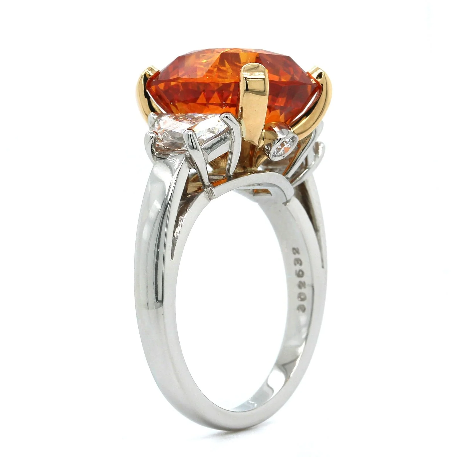 Oscar Heyman Platinum Orange Sapphire and Diamond 3 Stone Ring - Image 2
