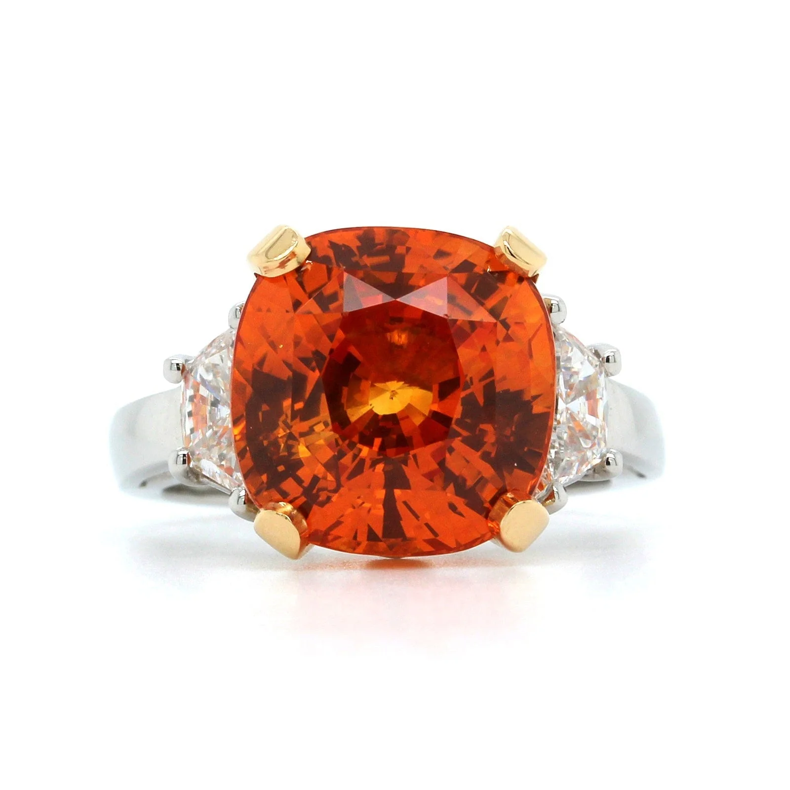 Oscar Heyman Platinum Orange Sapphire and Diamond 3 Stone Ring - Image 4