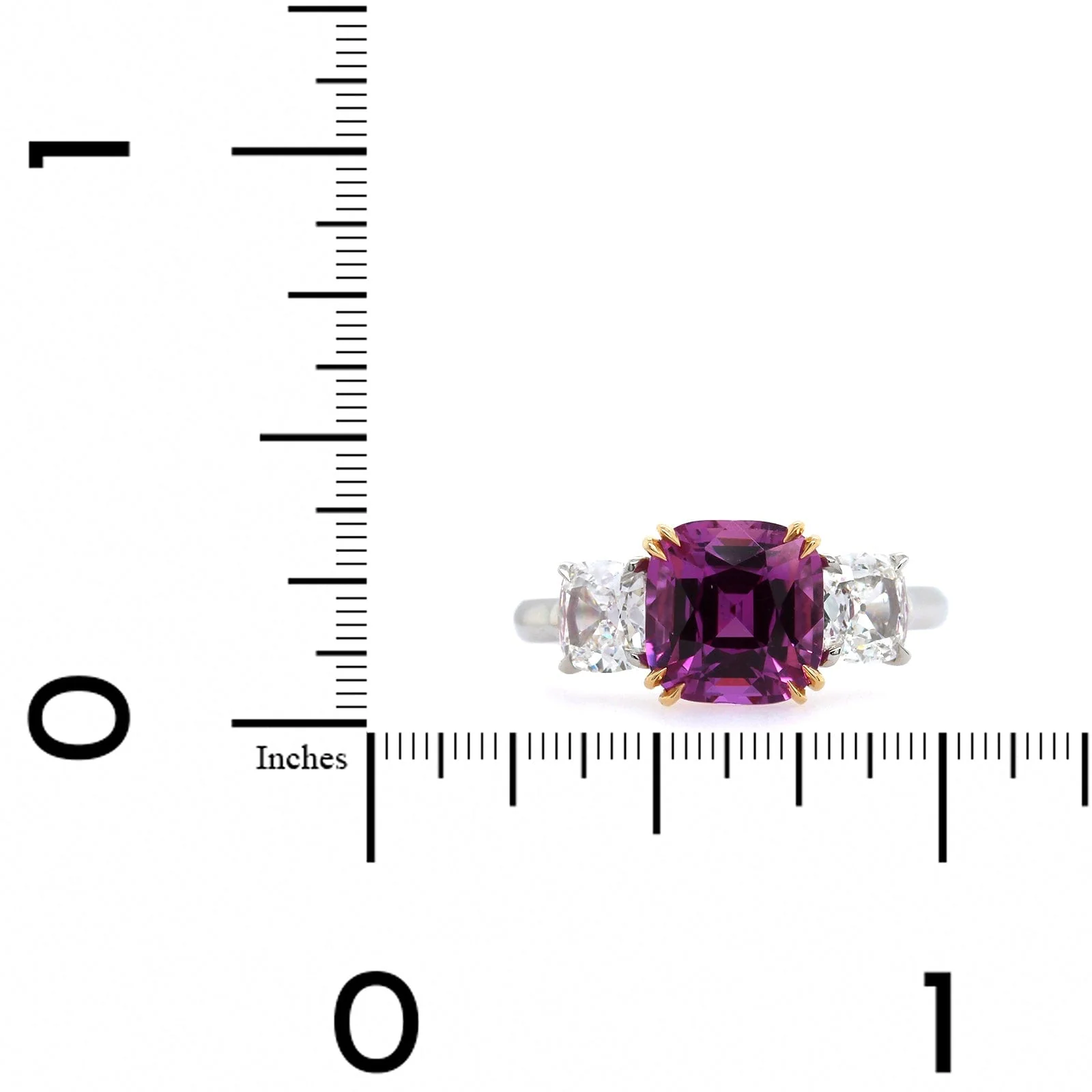Platinum Cushion Pink Sapphire and Diamond 3 Stone Ring - Image 3