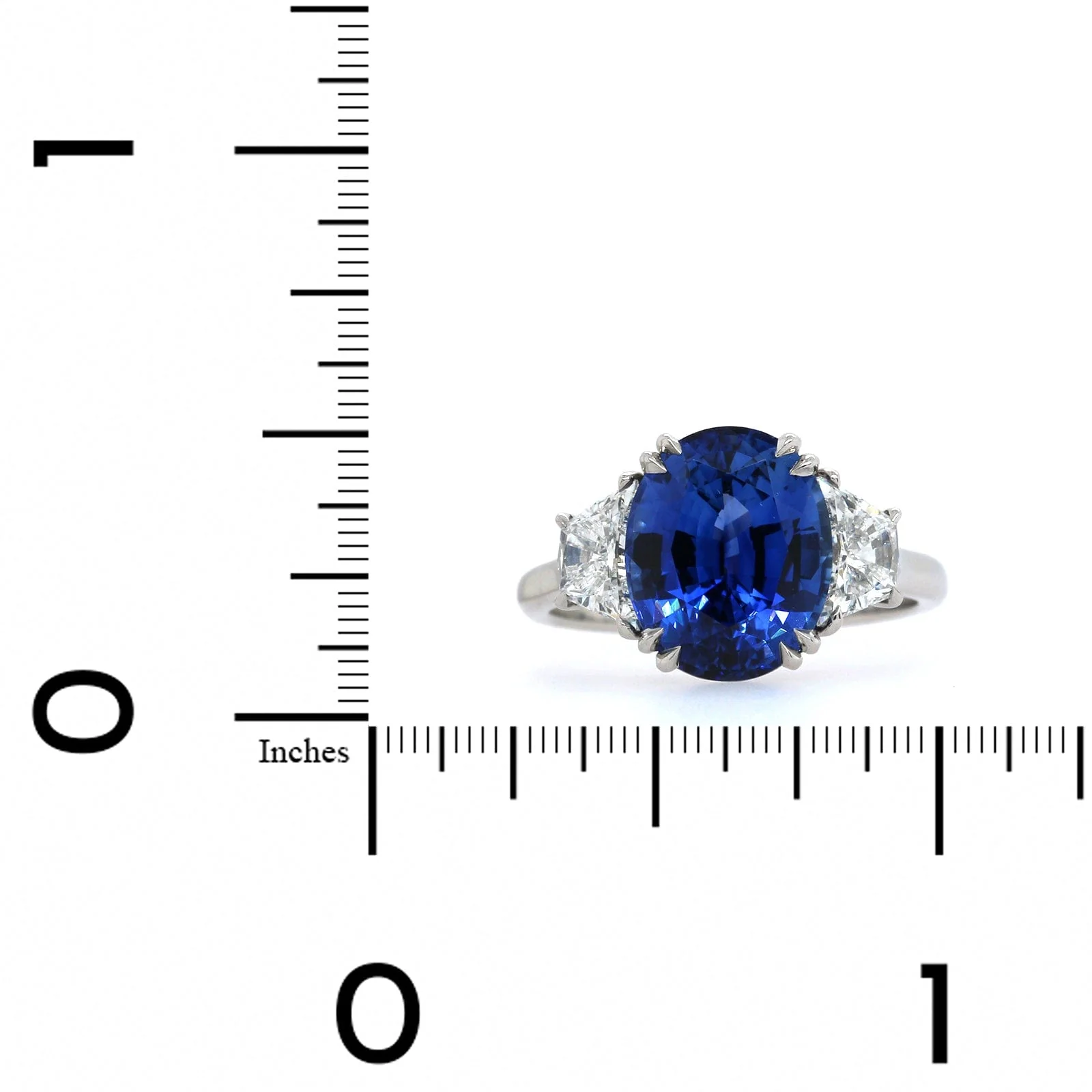Platinum Sapphire and Trapezoid Diamond 3 Stone Ring - Image 3