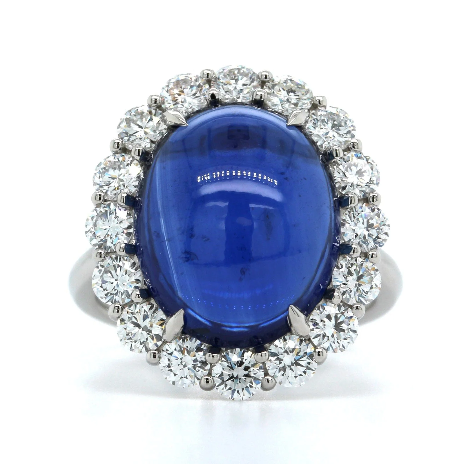 Platinum Oval Cabochon Sapphire Diamond Halo Ring - Image 4