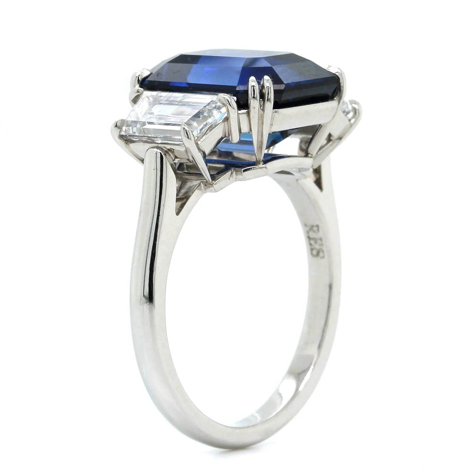 Platinum Emerald Cut Sapphire and Diamond 3 Stone Ring - Image 2