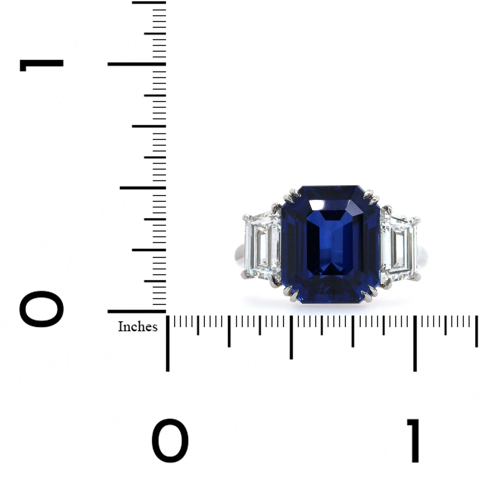 Platinum Emerald Cut Sapphire and Diamond 3 Stone Ring - Image 3