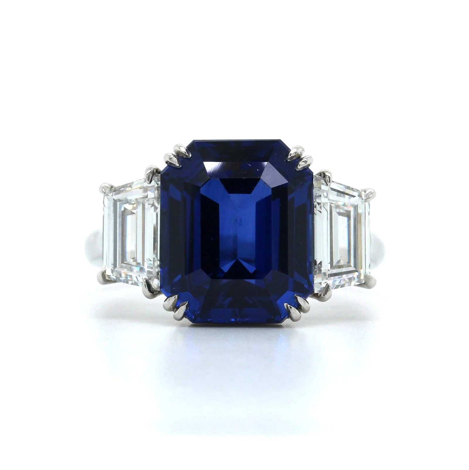 Platinum Emerald Cut Sapphire and Diamond 3 Stone Ring - Image 4