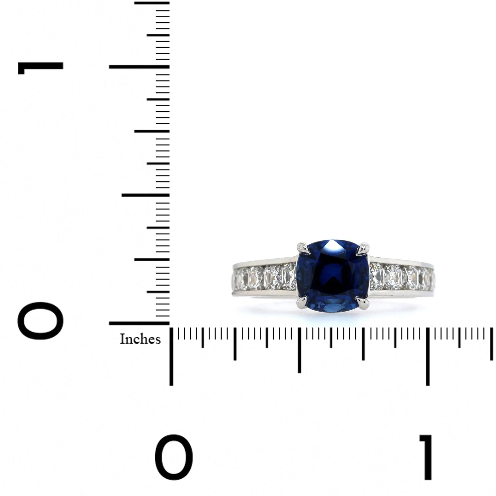 Platinum Cushion Sapphire and Channel Set Diamond Ring - Image 3