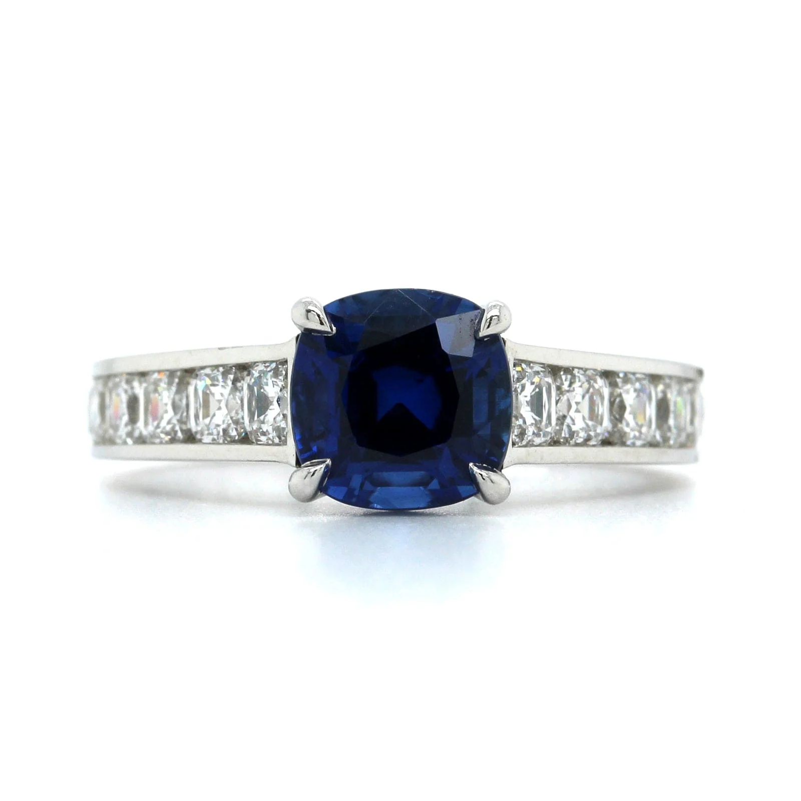 Platinum Cushion Sapphire and Channel Set Diamond Ring - Image 4