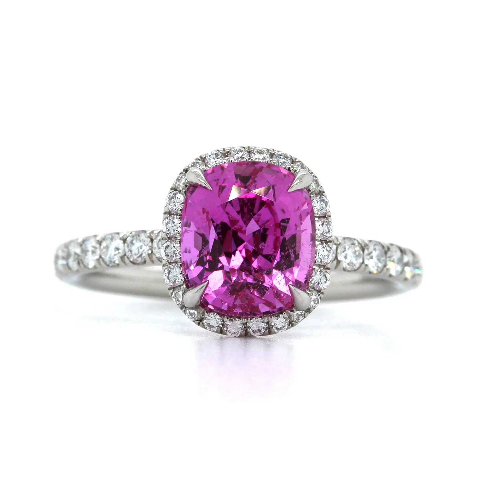 Platinum Cushion Pink Sapphire and Diamond Halo Ring