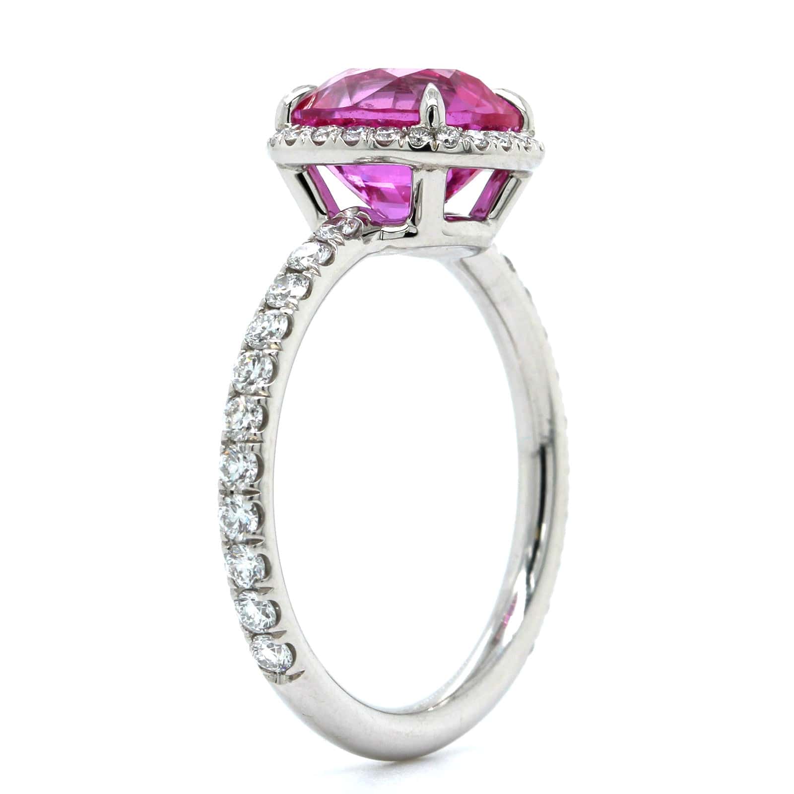 Platinum Cushion Pink Sapphire and Diamond Halo Ring - Image 2