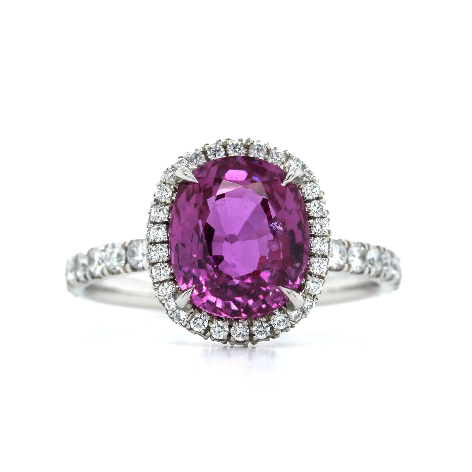 Platinum Cushion Pink Sapphire and Diamond Halo Ring