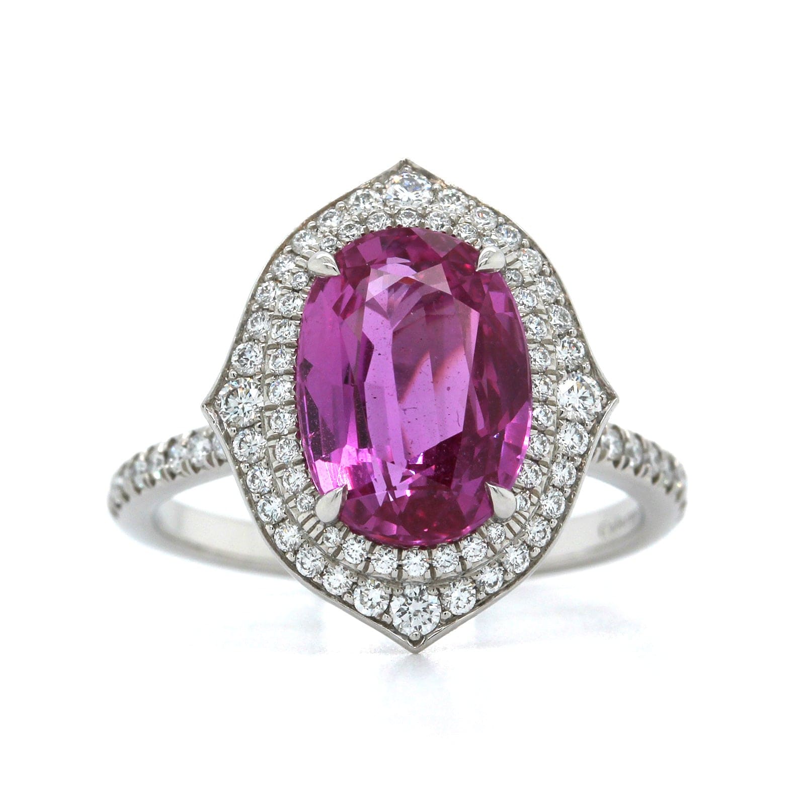 Platinum Oval Pink Sapphire and Diamond Halo Ring - Image 4