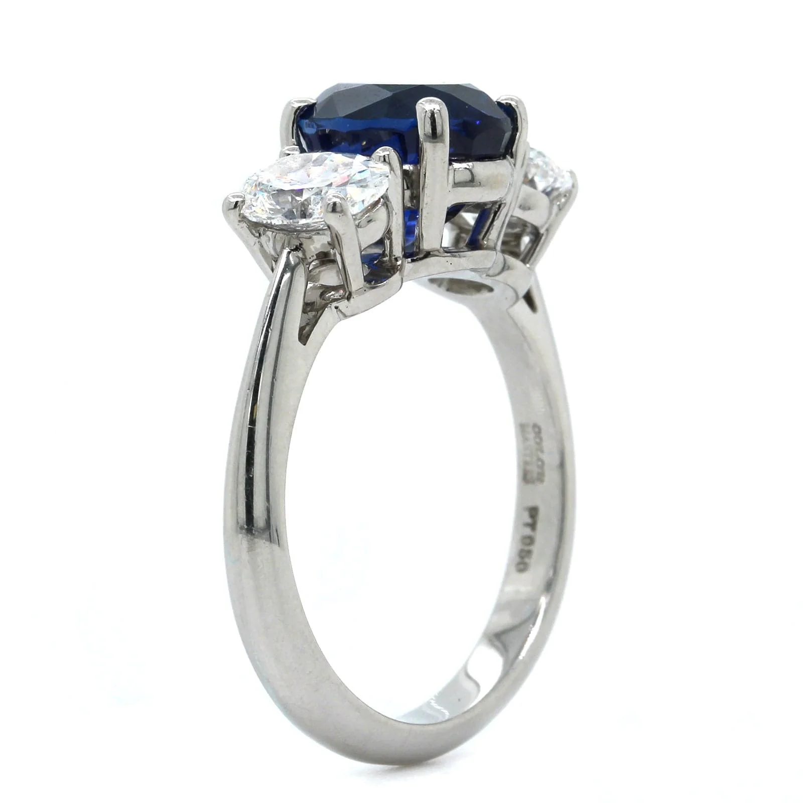 Platinum Blue Sapphire and Diamond 3 Stone Ring - Image 2