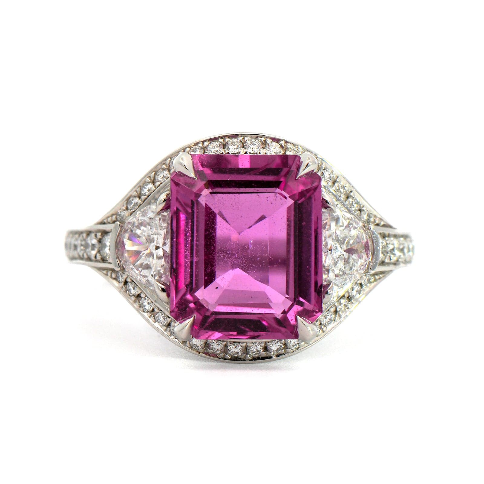 Platinum 3 Stone Pink Sapphire & Diamond Ring - Image 4