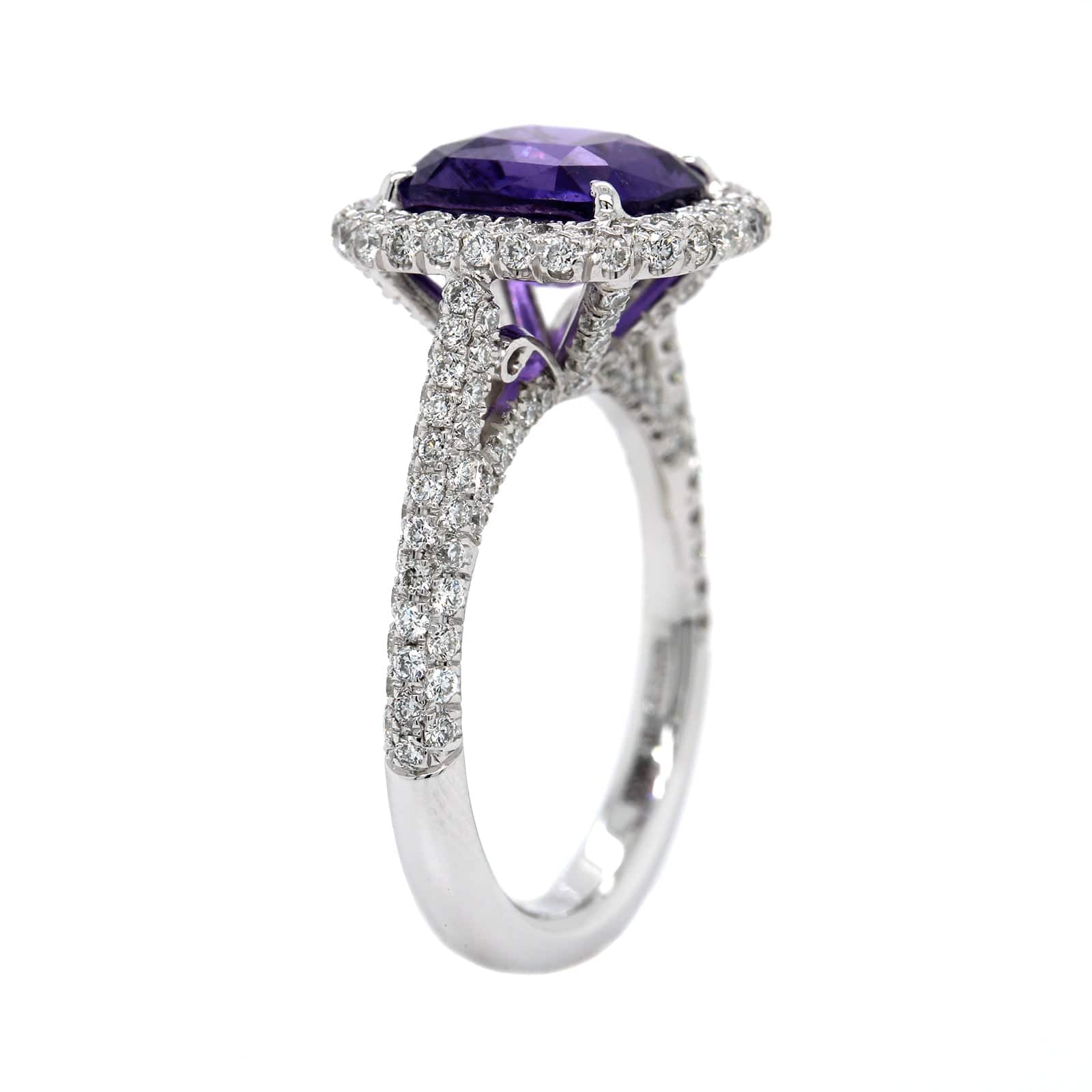 Platinum Cushion Cut Sapphire and Diamond Halo Ring - Image 2