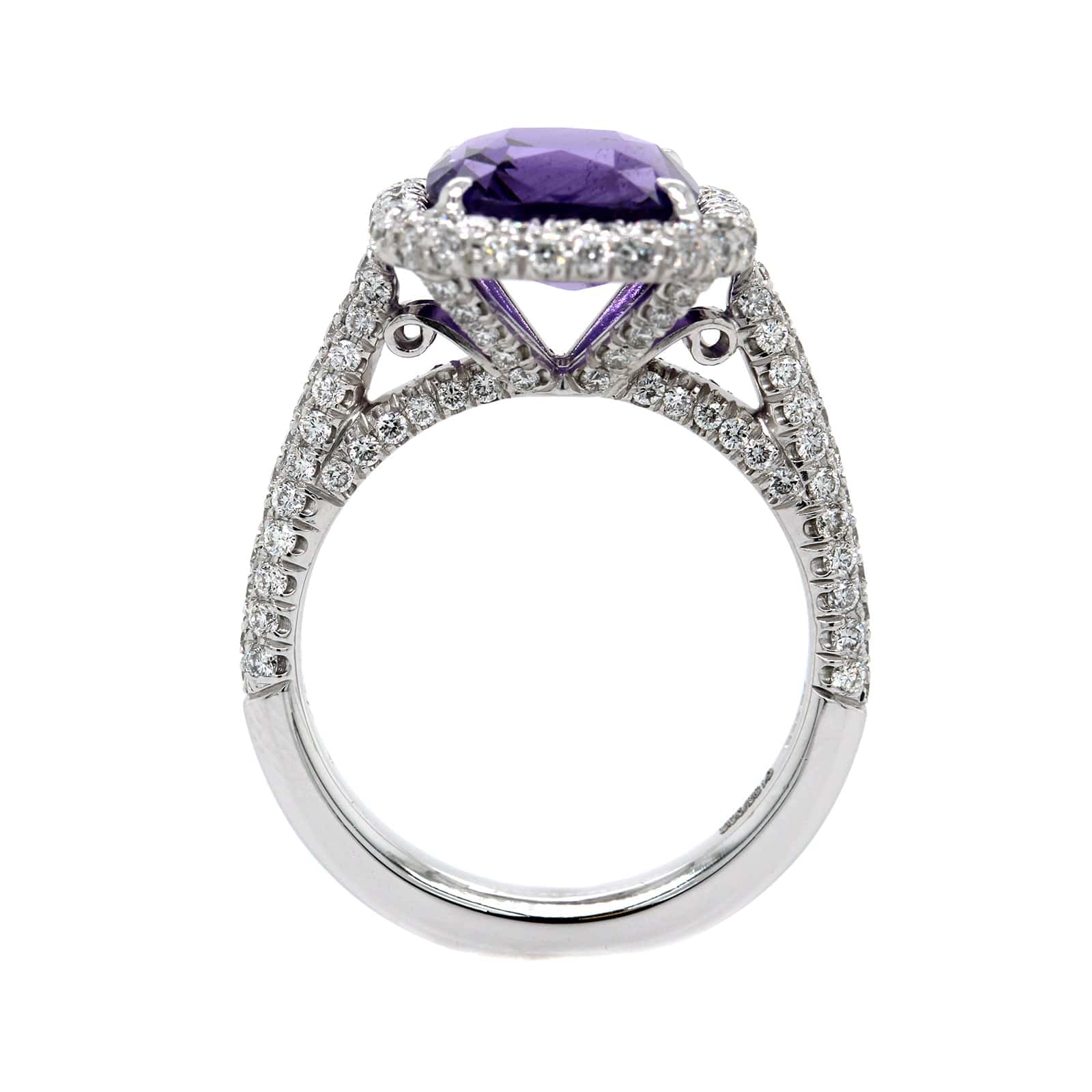 Platinum Cushion Cut Sapphire and Diamond Halo Ring - Image 3