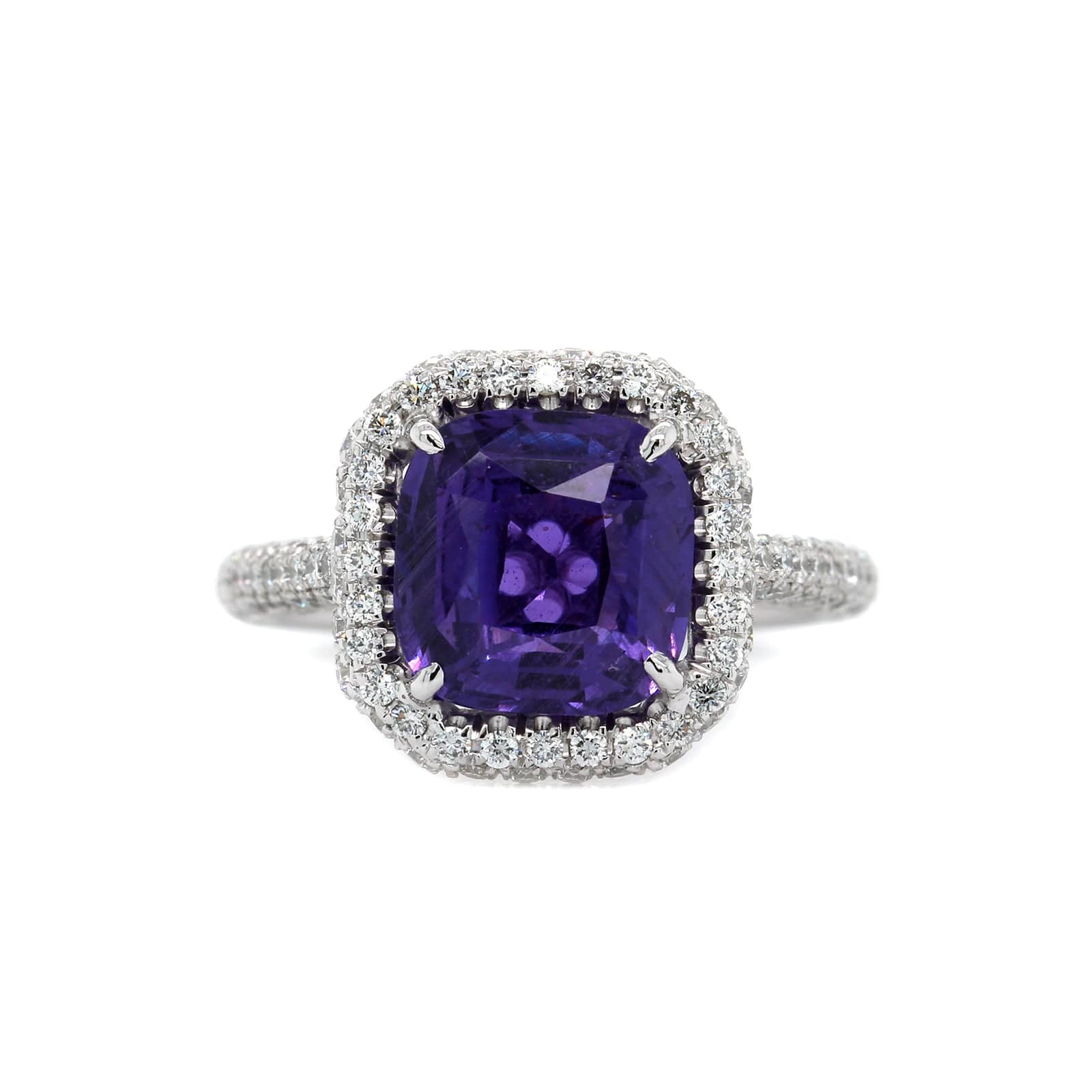 Platinum Cushion Cut Sapphire and Diamond Halo Ring - Image 5