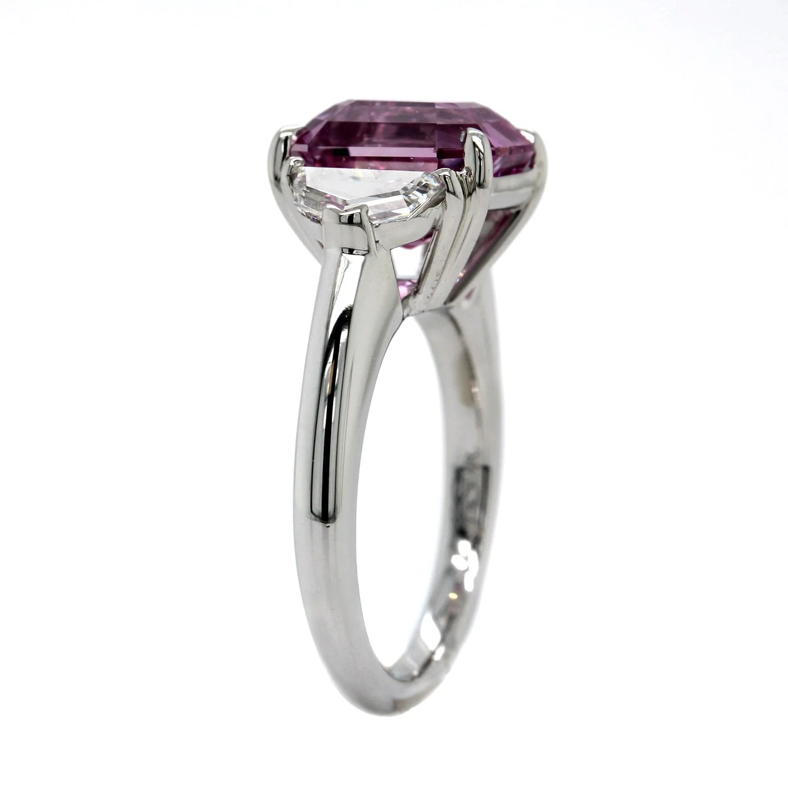 Platinum 3 Stone Padparadscha Sapphire and Diamond Ring - Image 2