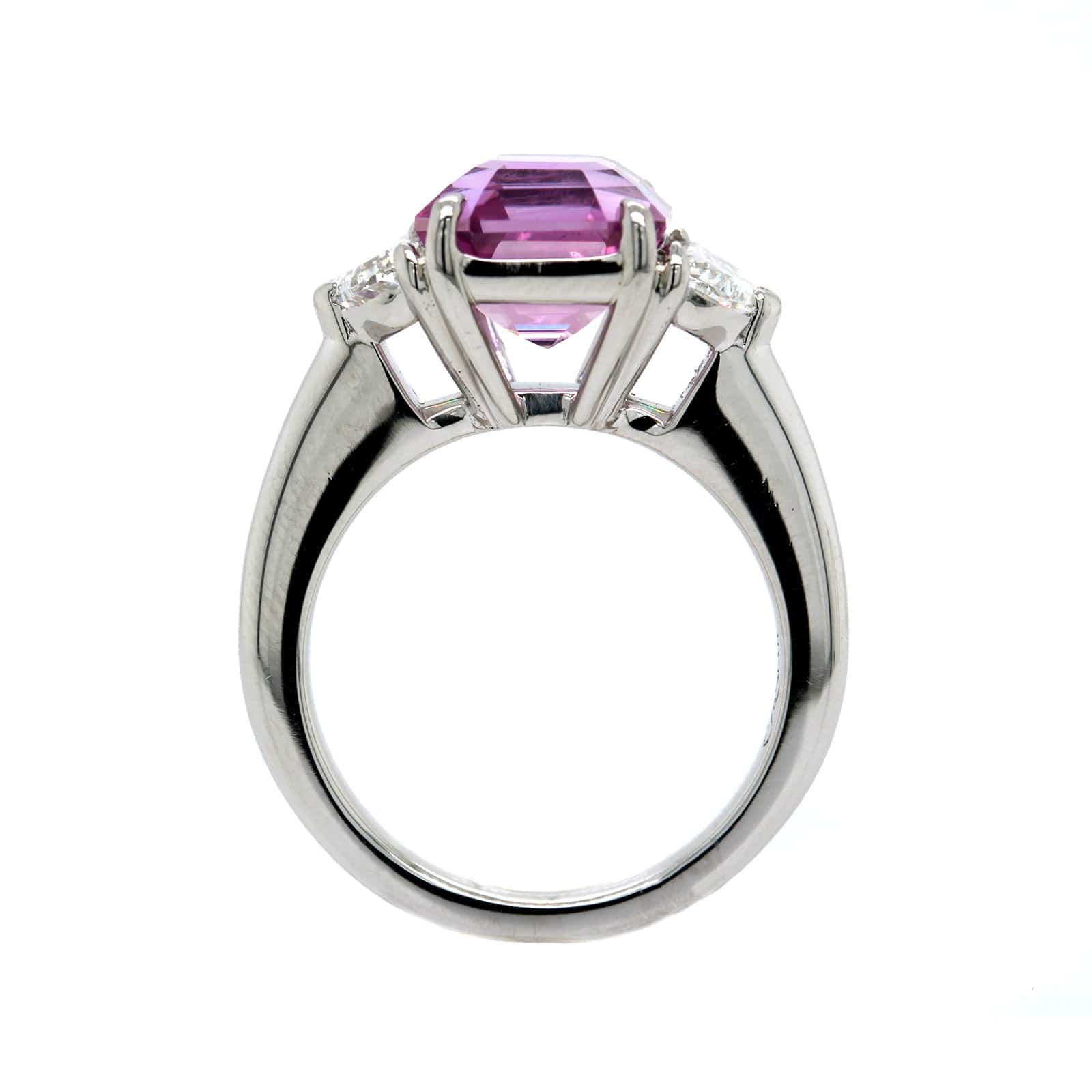 Platinum 3 Stone Padparadscha Sapphire and Diamond Ring - Image 3
