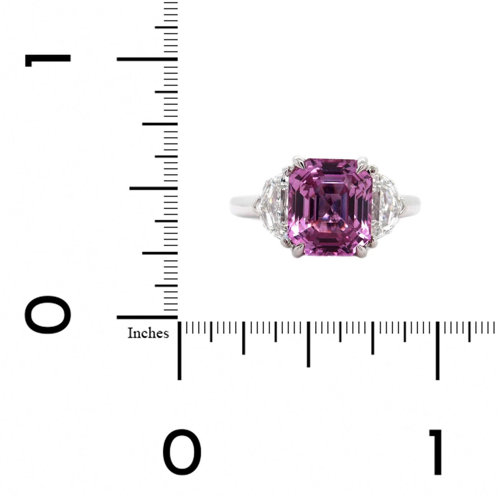 Platinum 3 Stone Padparadscha Sapphire and Diamond Ring - Image 4